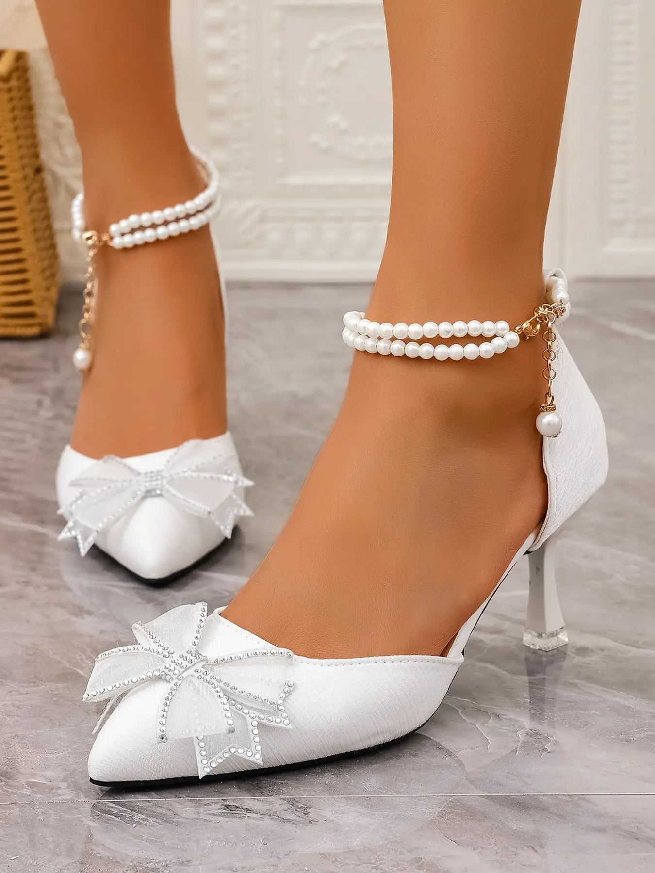 Women Romantic Rhinestone Mesh Bow Pearl Chain Ankle Strap D'Orsay Heel Pumps, Lightweight Bridal Dress Heels, Weekend Banquet Prom Holiday Wear, 1 Color White