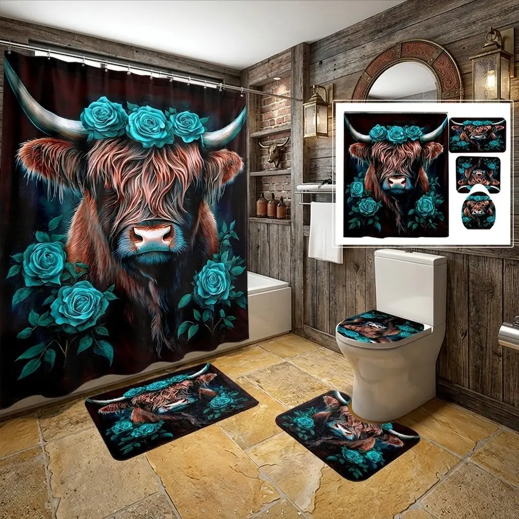 4pcs Highland Cow Turquoise Rose Floral Shower Curtain Set for Bathroom, Rustic Farm Animal Print, Moody Western Bathroom Decor,The floor mat fabric is thicker and softer!  Valentine's Day Gift