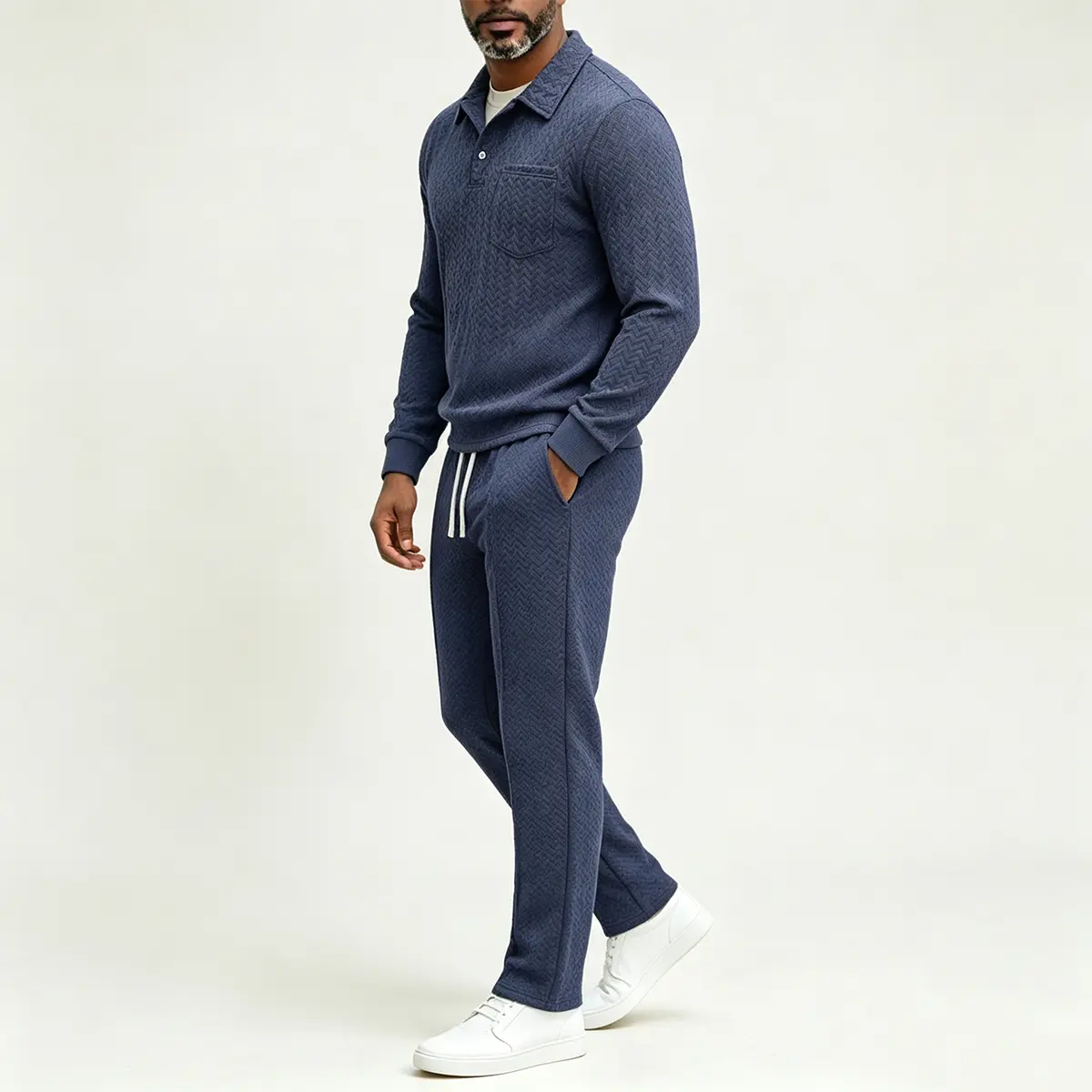Male 2-Piece Herringbone Textured Polo Collar Tracksuit Set - Polyester Blend, Button Placket Long Sleeve Sweatshirt, Drawstring Straight Leg Pants, Fitted Cut, Casual Daily Wear Outfit, Machine Wash