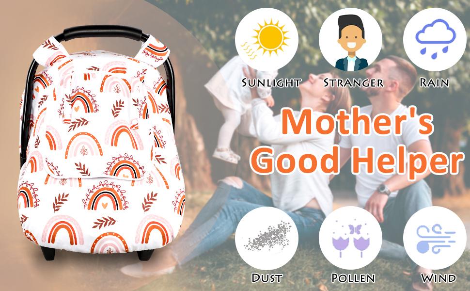 Baby Car Seat Cover Girls, Infant Rainbow Car Seat Covers Canopy for Newborn,2 Layers Windows of Breathable Mesh/Fabric, Lightweight Polyester/Minky Dot Backing, Snug Fit Most Baby Car Seat