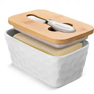 Large Butter Dish with Lid for Countertop Porcelain Butter Container with Double Silicone Seal Butter Dishes with Covers for West or East Coast Butter, Stone Pattern