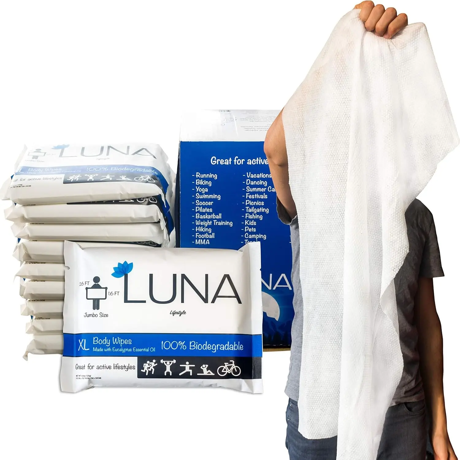 XL Wet Wipe Cleansing Body Wipes All Natural - 10 Pack Individual Pouches - Biodegradable & Unscented - No Rinse Bathing and Shower Wipe - Great for After Workout, Camping, Travel, Yoga, GymGift