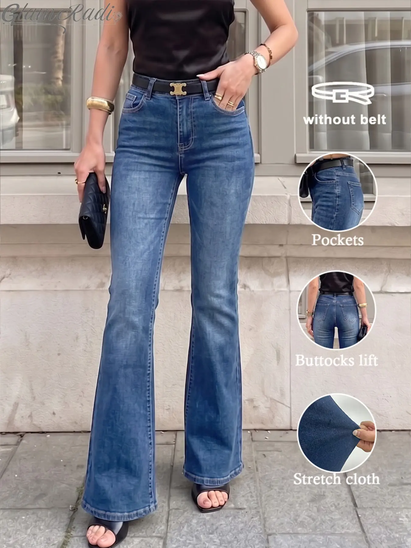 Women's Washed Blue High-Waisted Fitted Micro Flare Jeans, Vintage Stretch Butt Lifter Leg-Lengthening Streetwear Long Pants