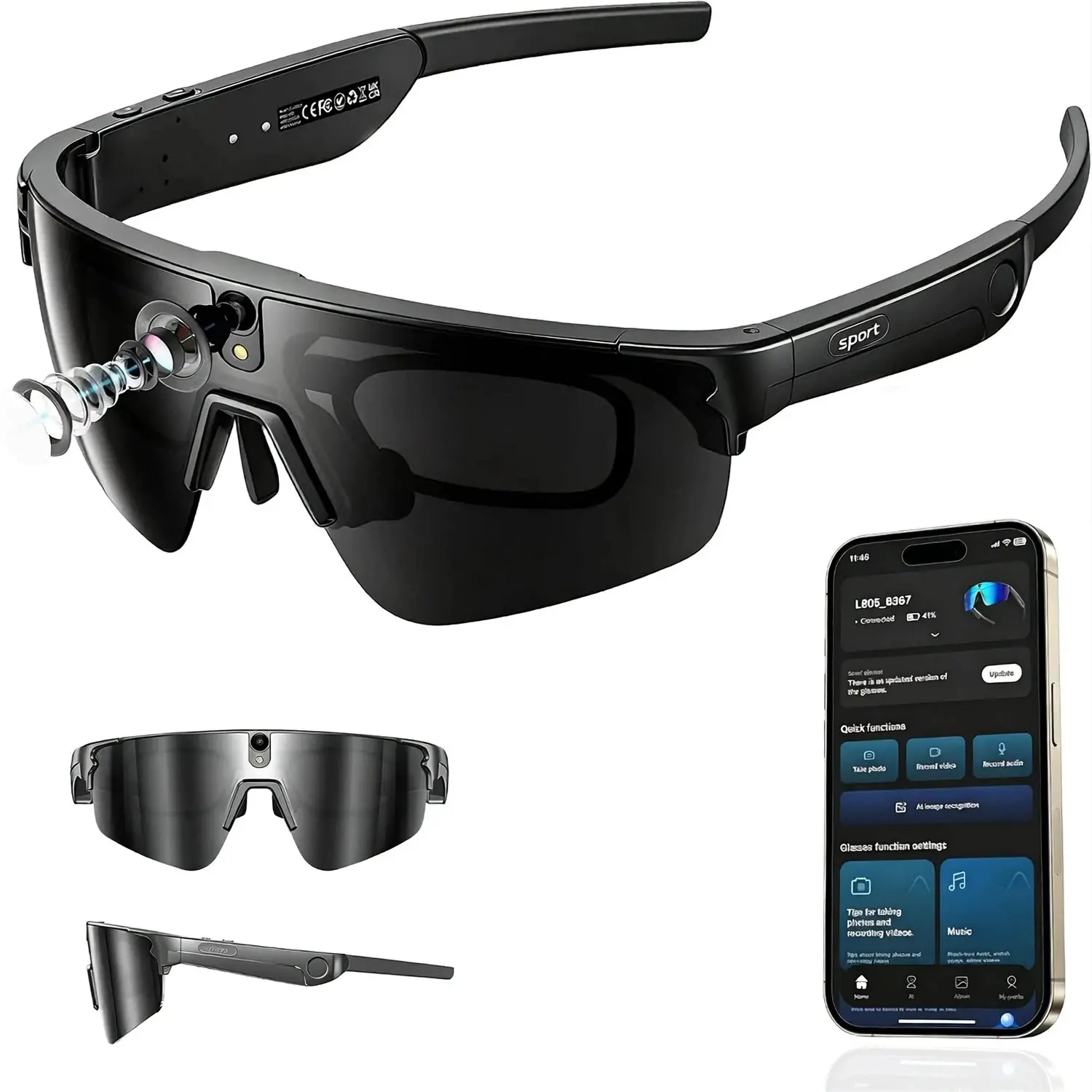 Unisex Smart AI Sunglasses:8MP 1080P Anti-Shake Camera,Multi-Language Real-Time Translation,Open-Ear Audio,Wireless Calls&Music,IP66 Waterproof UV Protection for Cycling Travel Vlog