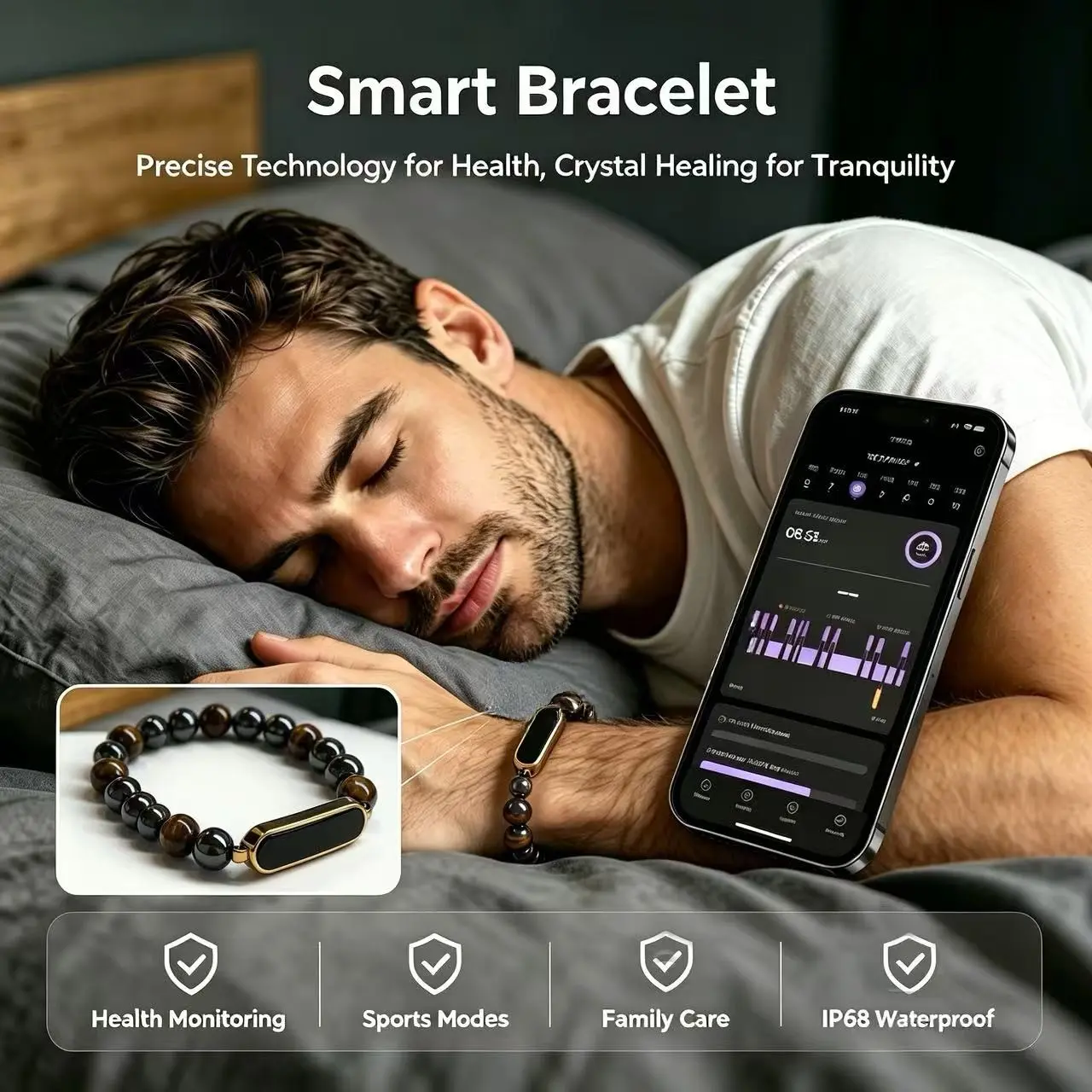 Luxury Natural Crystal Smart Bracelet, Family Health Sharing, Real-Time Data Monitoring, Long Battery Life, Pressure & Blood Oxygen Tracking