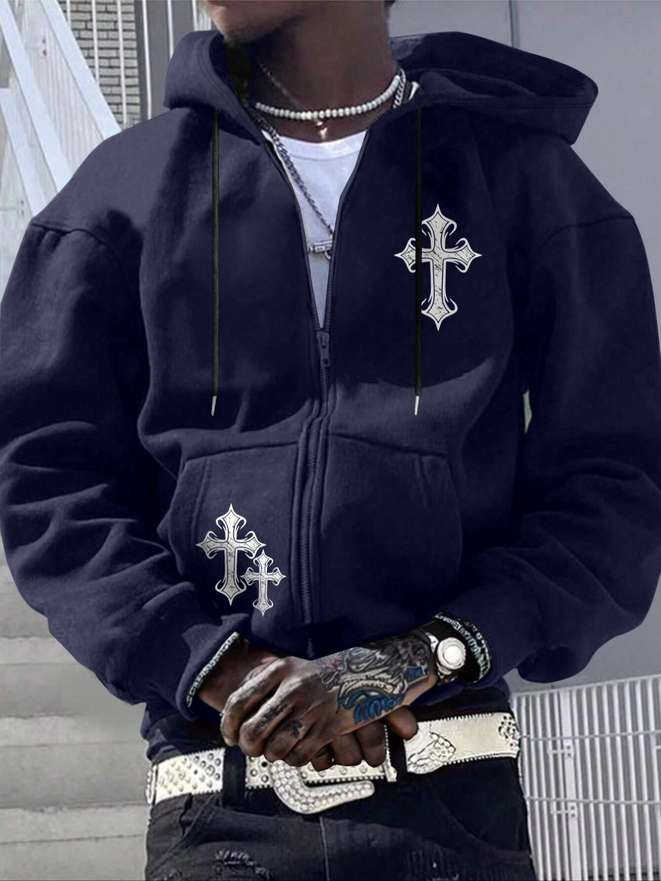 Men's Cross Print Drop Shoulder Zip Up Hoodie, Gothic Rock Hoodie, Fashion Casual Regular Fit Drawstring Pocket Hooded Sweatshirt for Daily Holiday Outdoor Wear, Men Clothes for Fall & Winter