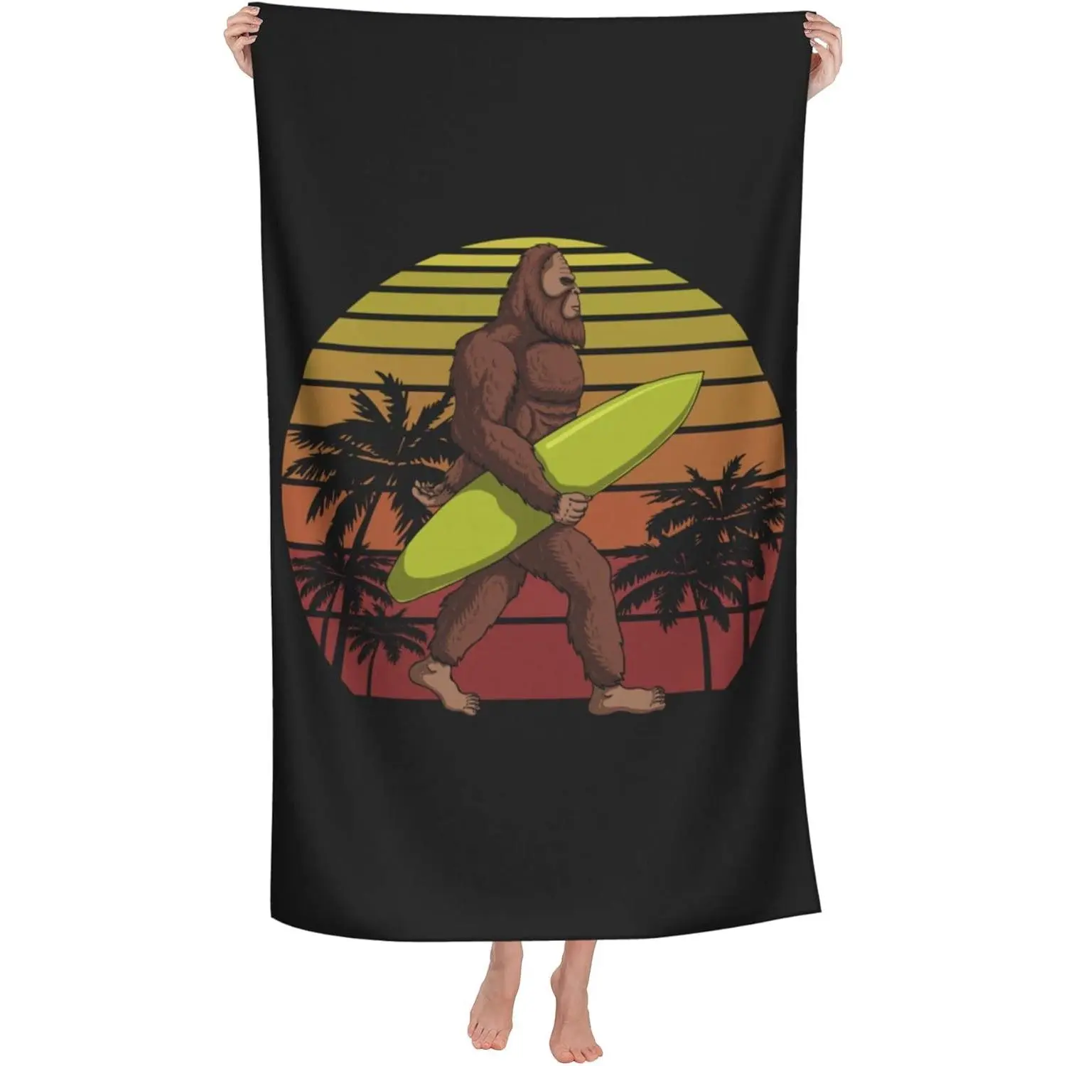 Funny Bigfoot Surfing Beach Towel, Retro Vintage Sunset Sasquatch Microfiber Towel for Pool, Beach & Bath, Novelty Summer Gift for Bigfoot Lovers & Outdoors Fans