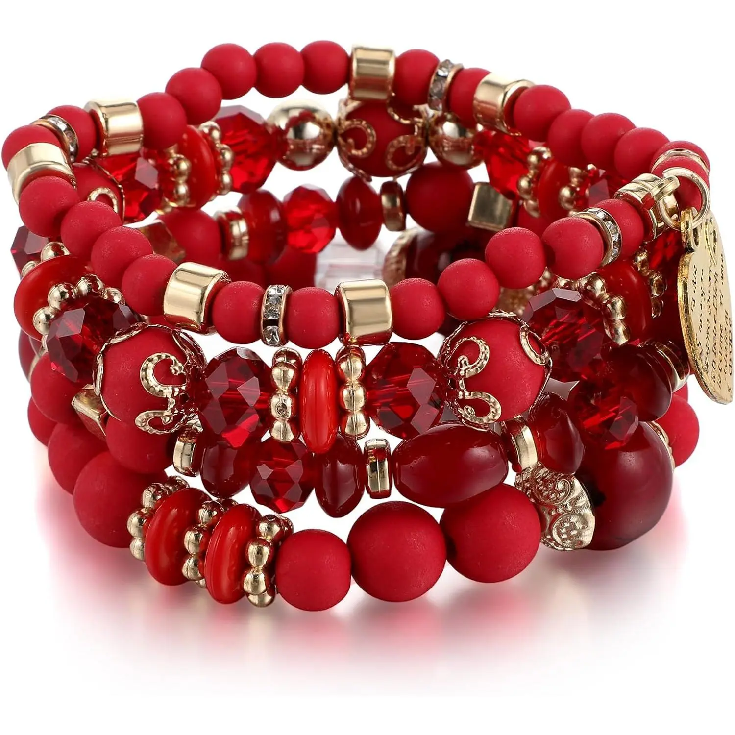 Boho Blue/Green/Red Bracelet for Women, Layered Beaded Bracelet Set with Gold Accents Bangles, Women's Stretch Jewelry Accessories