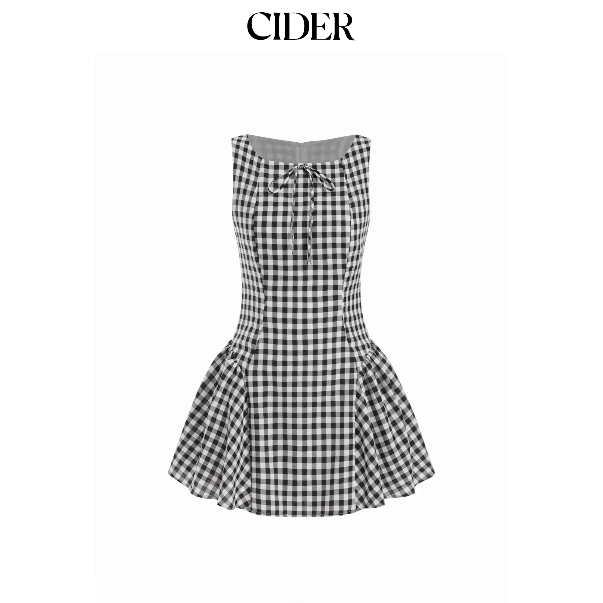 Cider Cotton-blend Gingham Boat Neck Bowknot Babydoll Mini Dress SohoChic