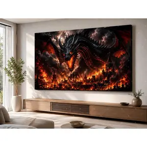 Trendy Decor Poster Print, Dark Fire Black Dragon Burning Gothic Castle Canvas Wall Art, Epic Fantasy Hell Flame Dragon Painting For Living Room Man Cave Game Room Bar Bedroom Apartment Wall Decor, Available as Unframed Canvas Poster or Framed Canvas Wrap