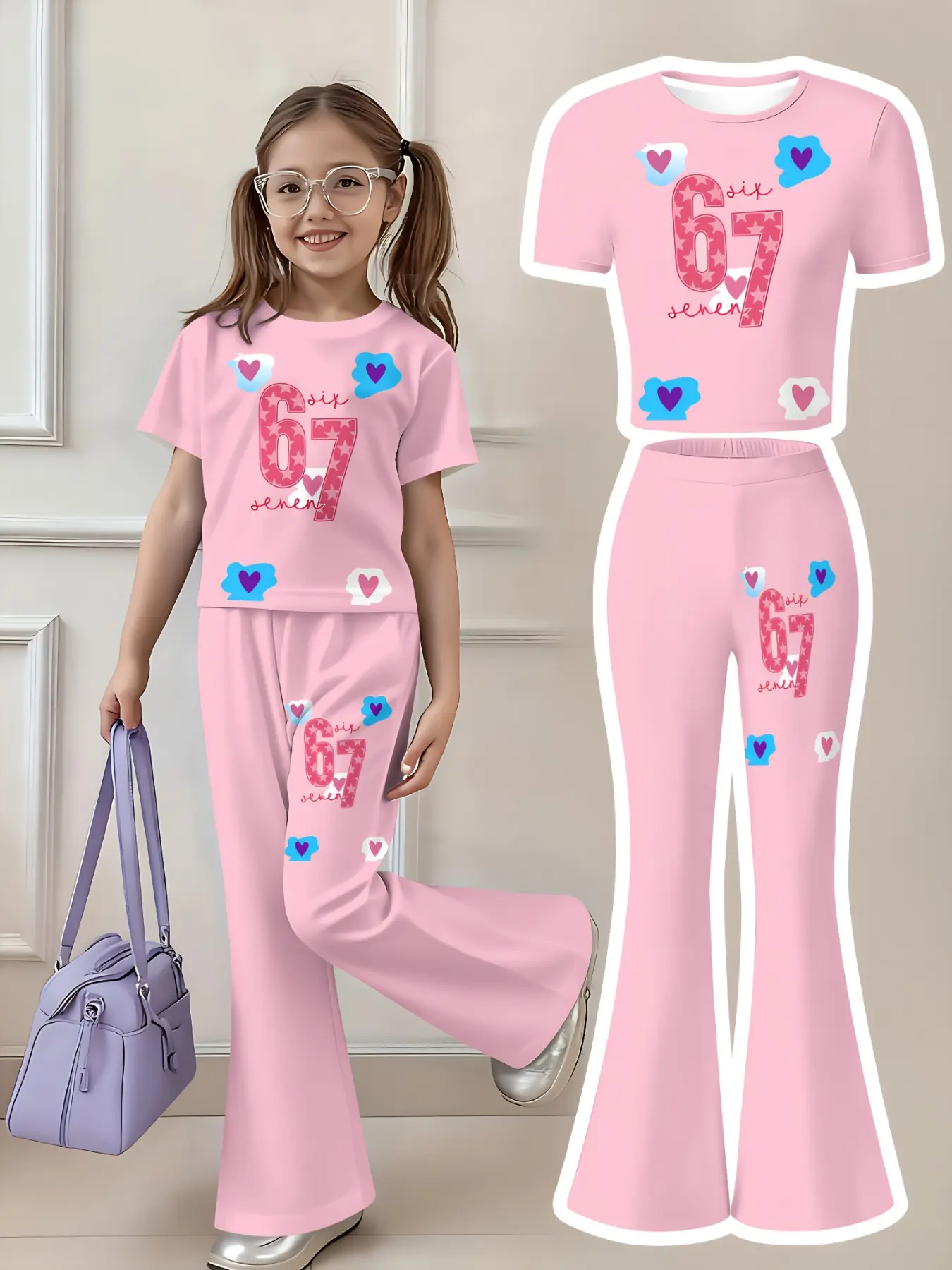 Sweet Pink Heart Number Print 2 Piece Pant Set Soft Stretchy Crop Short Sleeve Tee High Waist Flare Bell Pants Casual School Play Date Kidcore Viral Summer Outfit