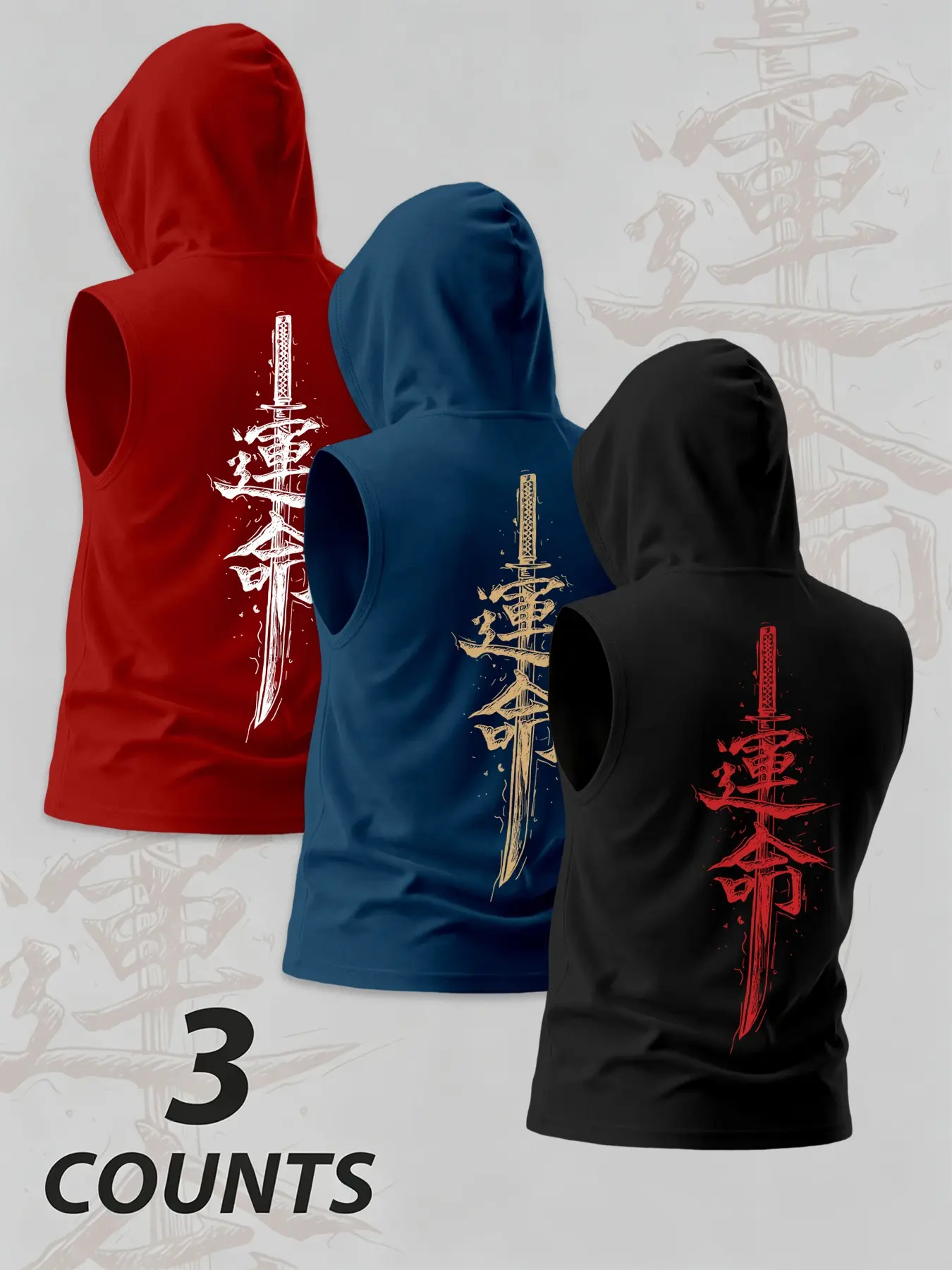 Men's Summer 3-Piece Set, Round Neck Sleeveless T-Shirt, Japanese Samurai Graphic Pattern Hooded Vest, Casual Comfort for Outdoor Fitness