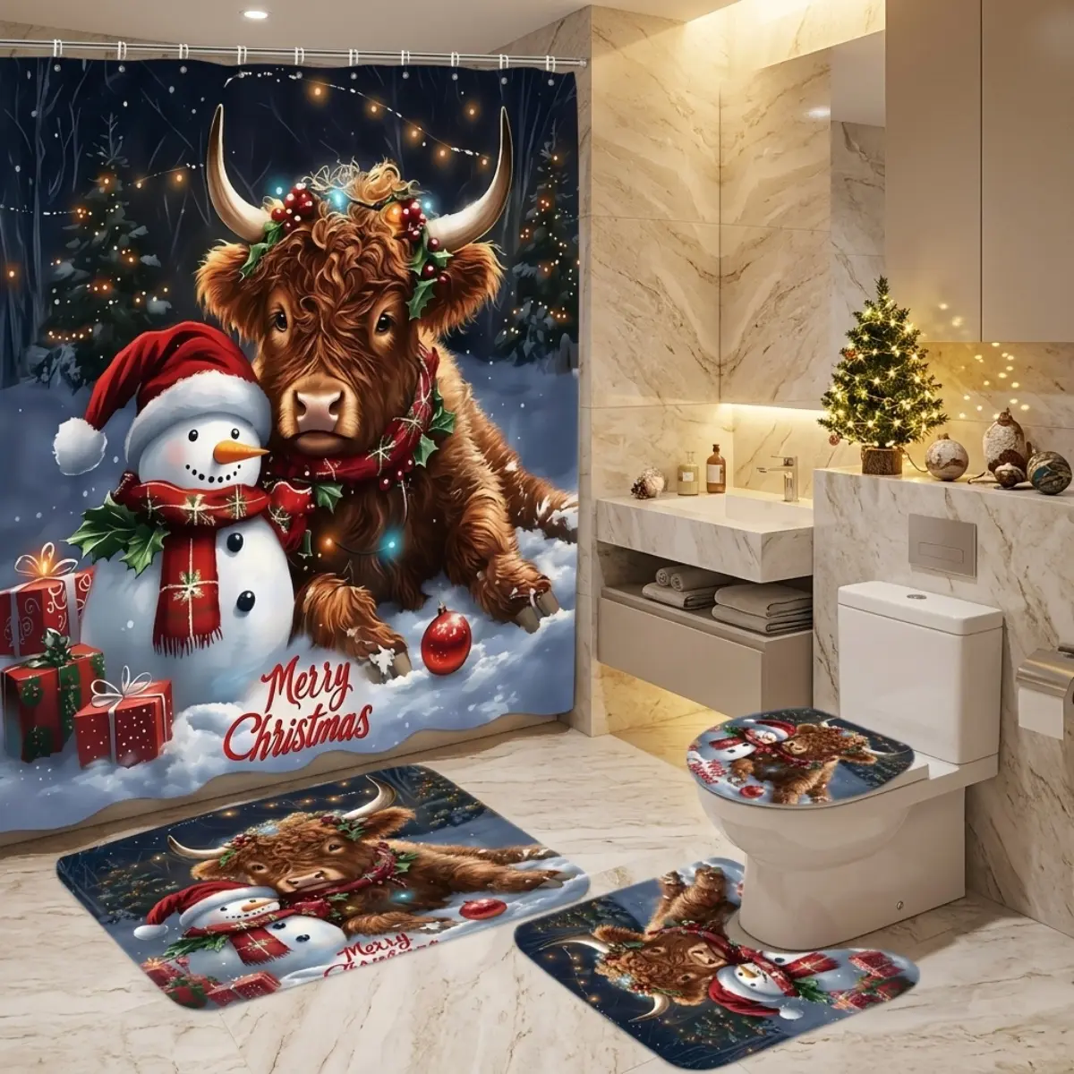 4pcs Christmas Cow Shower Curtain Set, Merry Xmas Highland Cow and Snowman Print, Holiday Bathroom Decor, Festive Winter Home Decor, TikTok Shop Bestseller