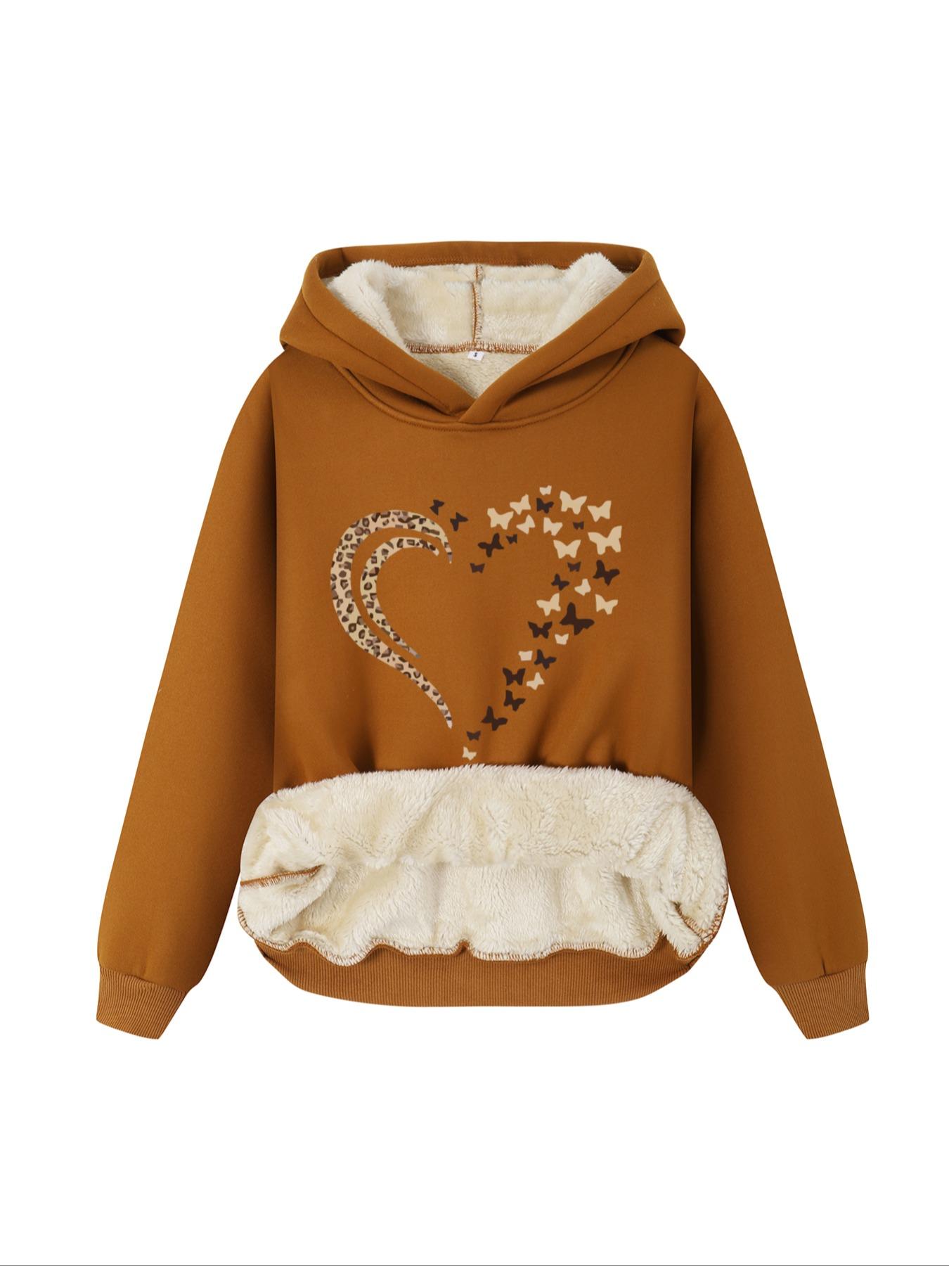 Women's Butterfly & Heart Print Plush Lined Hoodie, Casual Long Sleeve Hooded Sweatshirt for Fall & Winter,  Hoodies for Women, Women's Clothes for Daily Wear