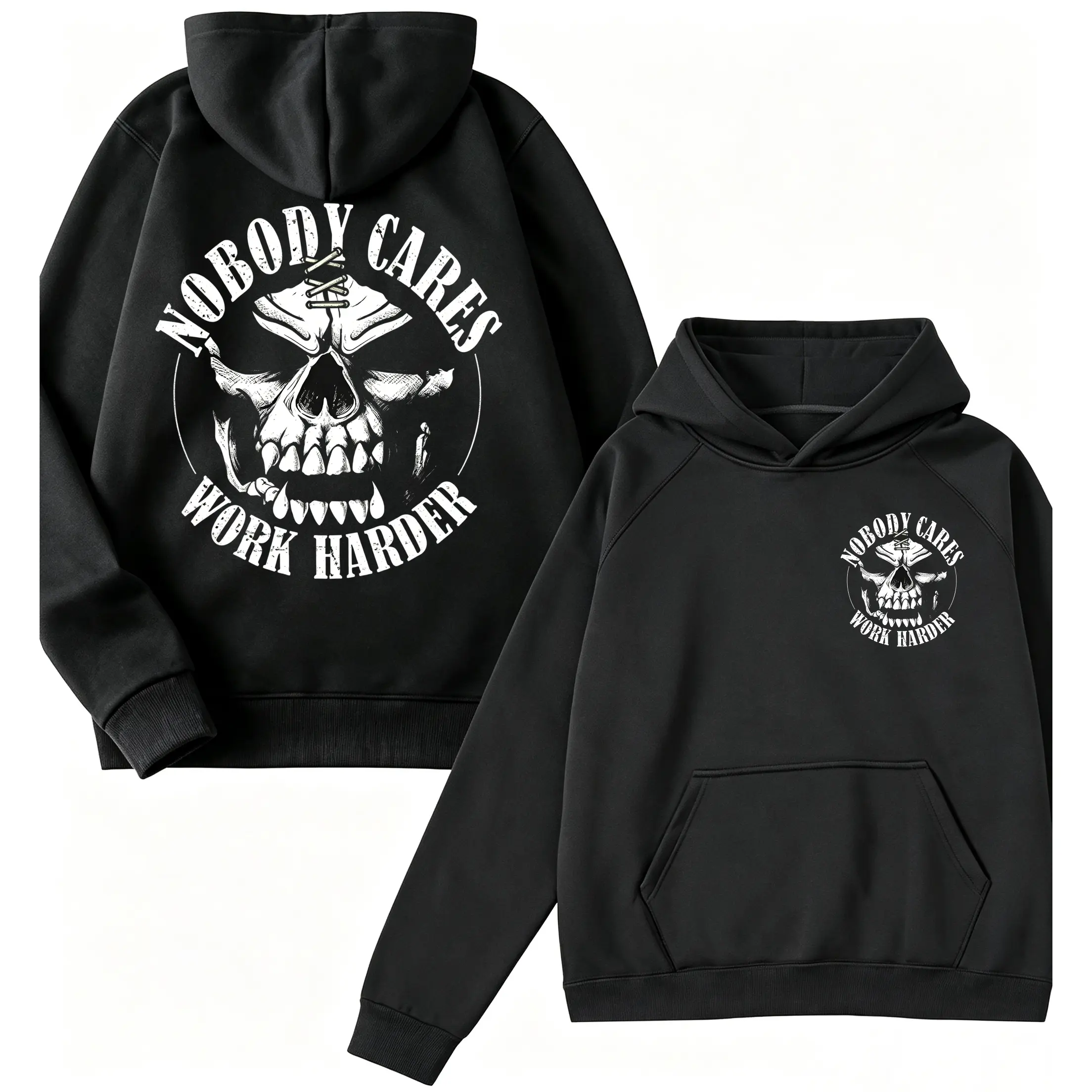 ☠️ ? Double Sided Print Nobody Cares Work Harder Skull Hoodie, Motivational Vintage Gothic Graphic  Hooded Sweatshirt For Unisex