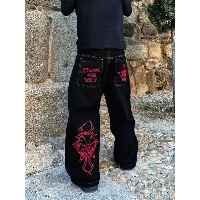Men's High-Waist Denim Jeans - Menswear, Graphic Skull Embroidery, Straight-Wide Leg, Streetwear Hip Hop American Vintage Bottoms, Pants