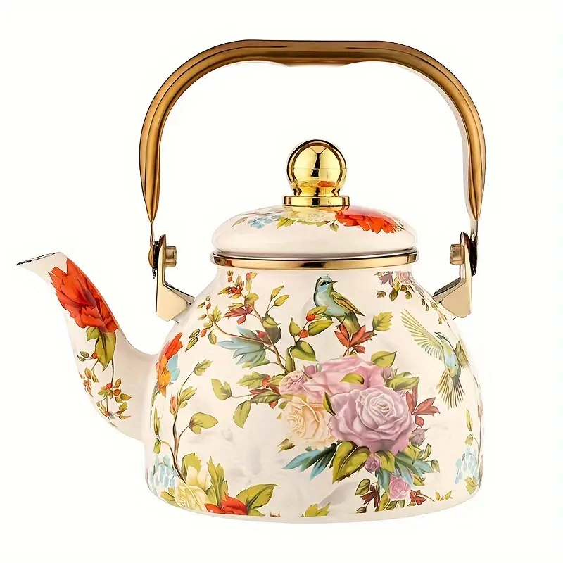 1 Set Thickened Enamel 1.2L Teapot with Floral Bird Design, Gift Teapot, Teapot for Stovetop, Large Round Base Teapot, Kettle for Boiling Water, Tea, with Strainer, Compatible with Induction Cooker and Gas Stove, Suitable for Home, Restaurant