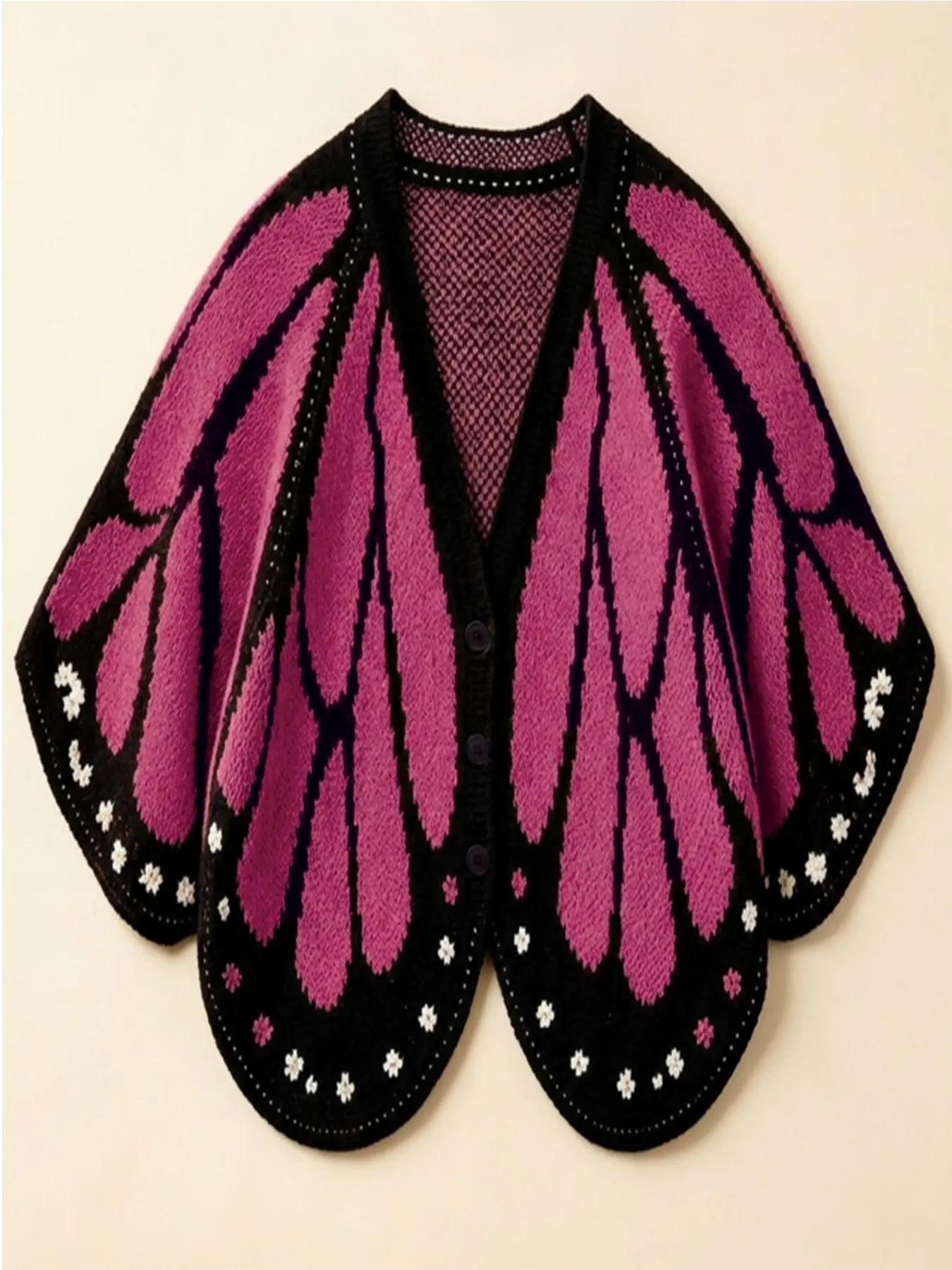 Plus Size Butterfly Pattern V Neck Knit Cardigan, Batwing Sleeve Button Front Loose Sweater Coat, Women's Autumn Winter Casual