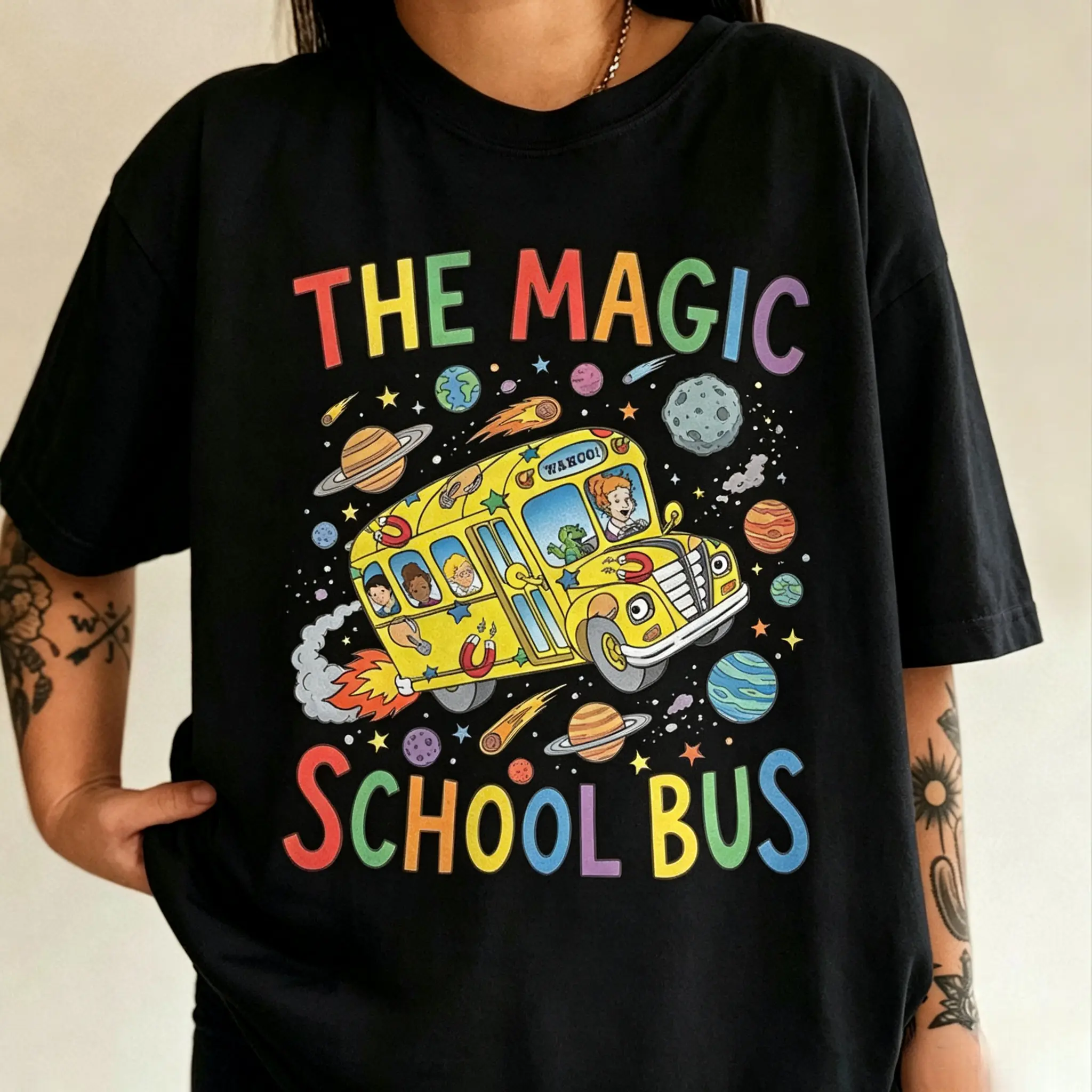 Women's Comfortable Soft Loose Casual Top - Unisex Graphic T-Shirt, Magic School Bus Tee for Teachers, Take Chances Make Mistakes, 100 Days Of School