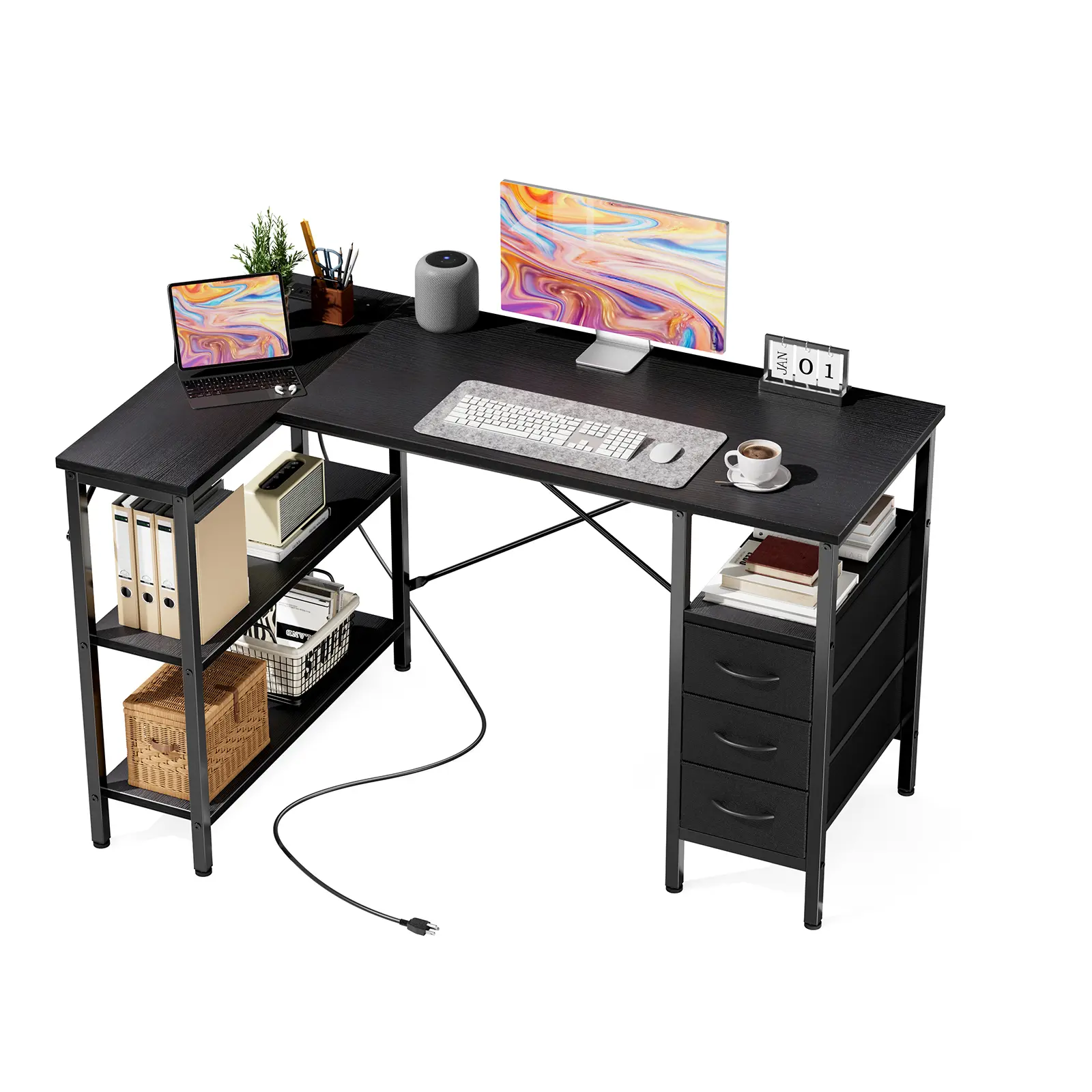 Modern Durable L,Shaped Corner Gaming Desk, Office Furniture with Built,In Armoires, Drawers, Adjustable & Fixed Shelves, Power Outlet, 198 lbs Capacity for Home Office, Apartment Workstations, Gaming Desks