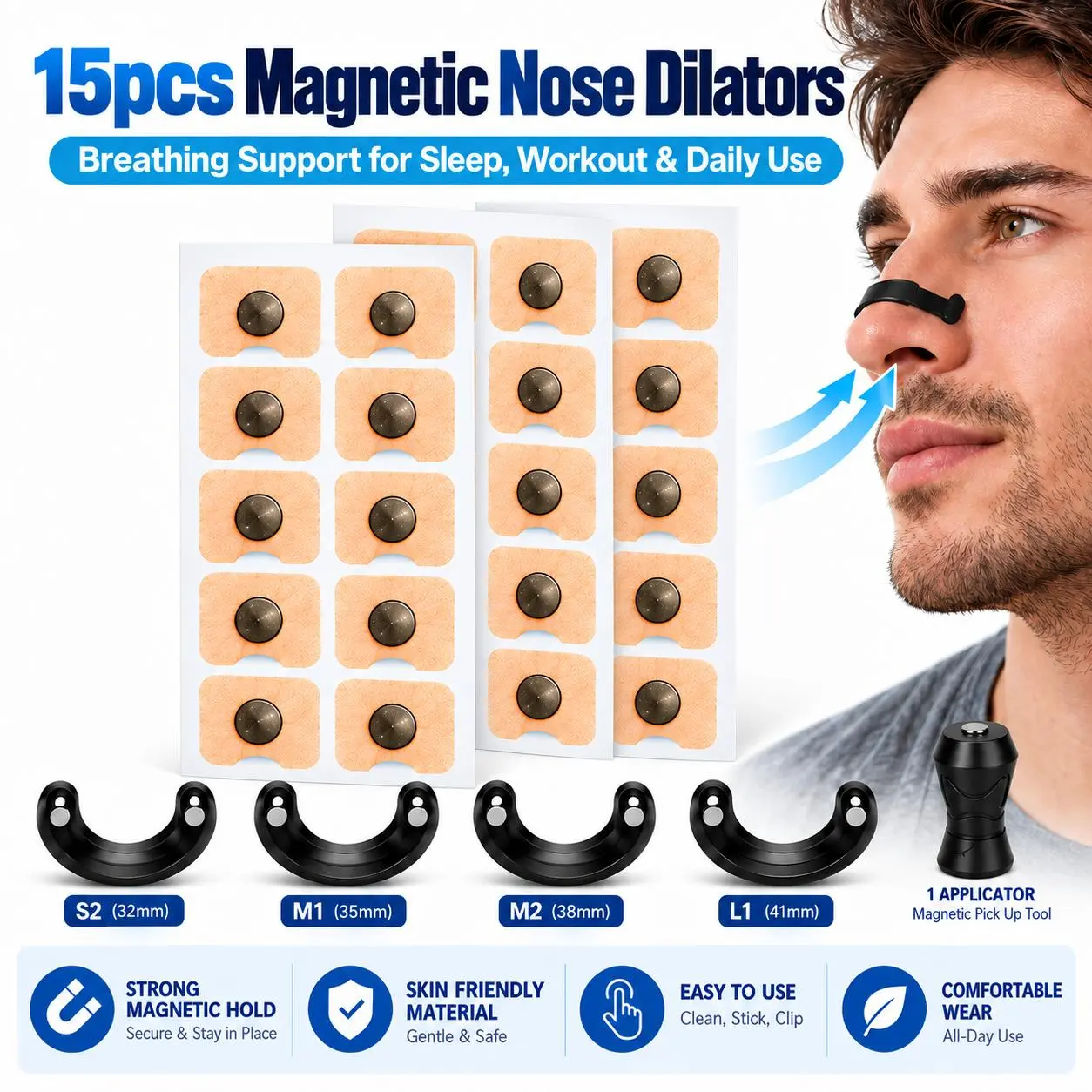 15pcs Magnetic Nose Dilators for Breathing, Magnetic Nasal Strips with Quick Application Tabs, Nose Breathing Support for Sleep, Running, Workout, Gym, Exercise, Sports & Fitness
