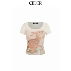 Cider Deer Graphic Scoop Neck Bowknot Lace Trim Tee SummerWins Dealsforyou