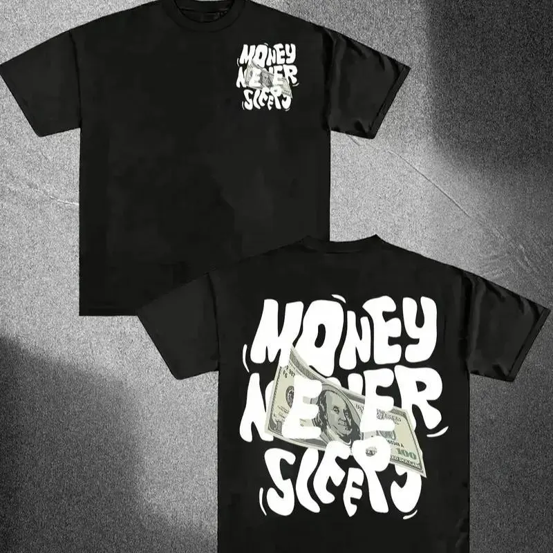 Unisex Bubble Letters Money Never Sleeps Graphic T-Shirt - Front & Back Dollar Bill Print, Casual Streetwear Sports Top for Men & Women, Menswear