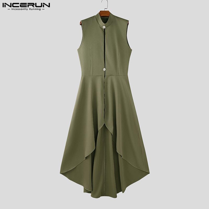 INCERUN Men's Deconstructed Long Solid Vest - Stand Collar & Flounced Hem. Avant-garde yet wearable for elevated daily style