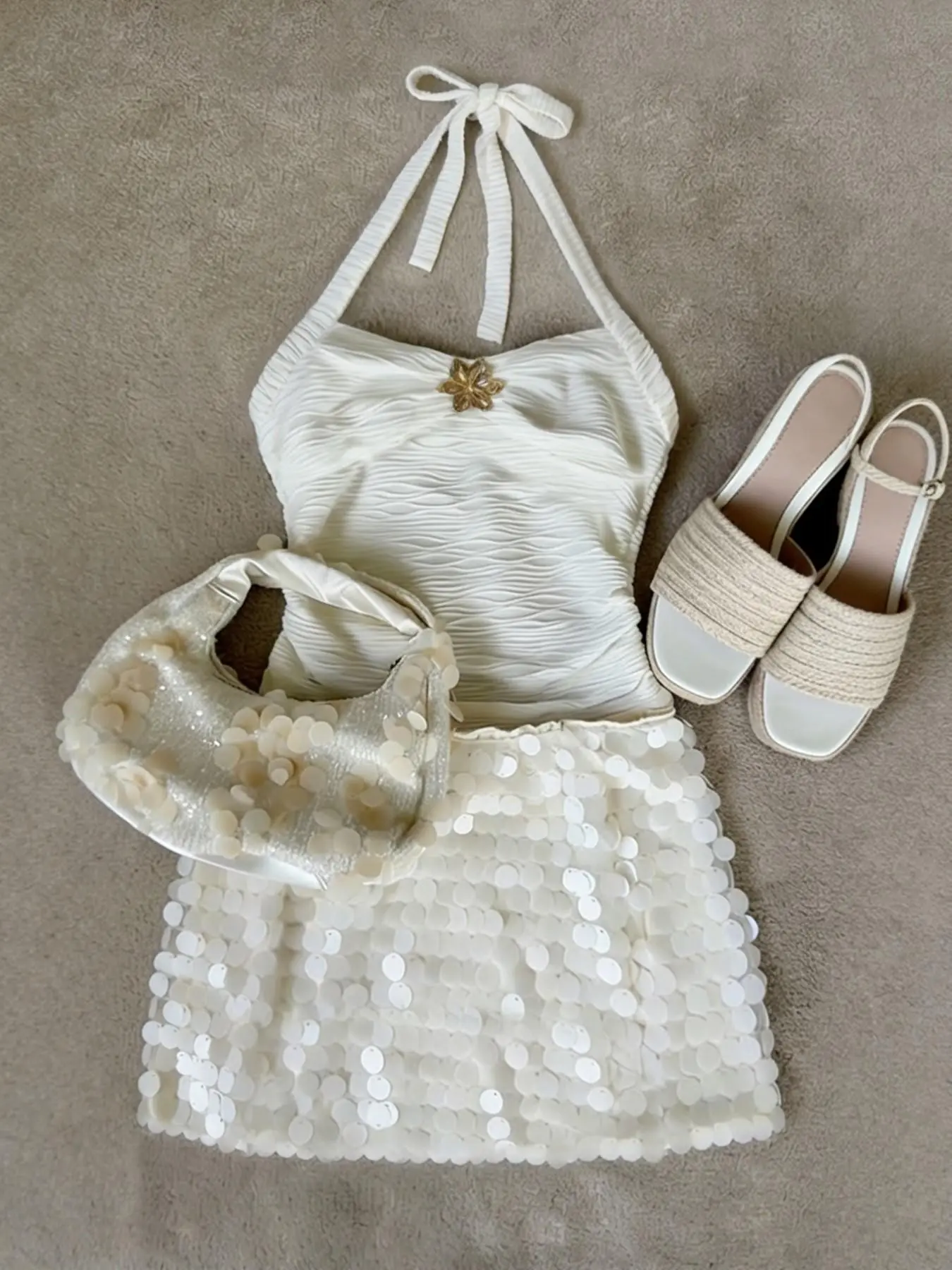 Women's Floral Halter Two-Piece Set, Chic Textured Ruched Tie-Back Top, Sequin Short Skirt, Slimming Fall Winter
