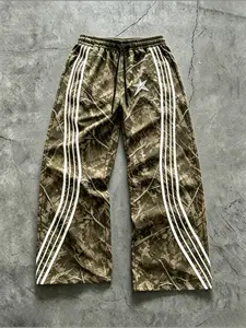 Men's Camouflage Wide Leg Sporty Sweatpants, Loose Fit Side Stripe Design, Streetwear Outdoor Clothing, Drawstring Waist Straight Pants, Camo Print Sweatpants