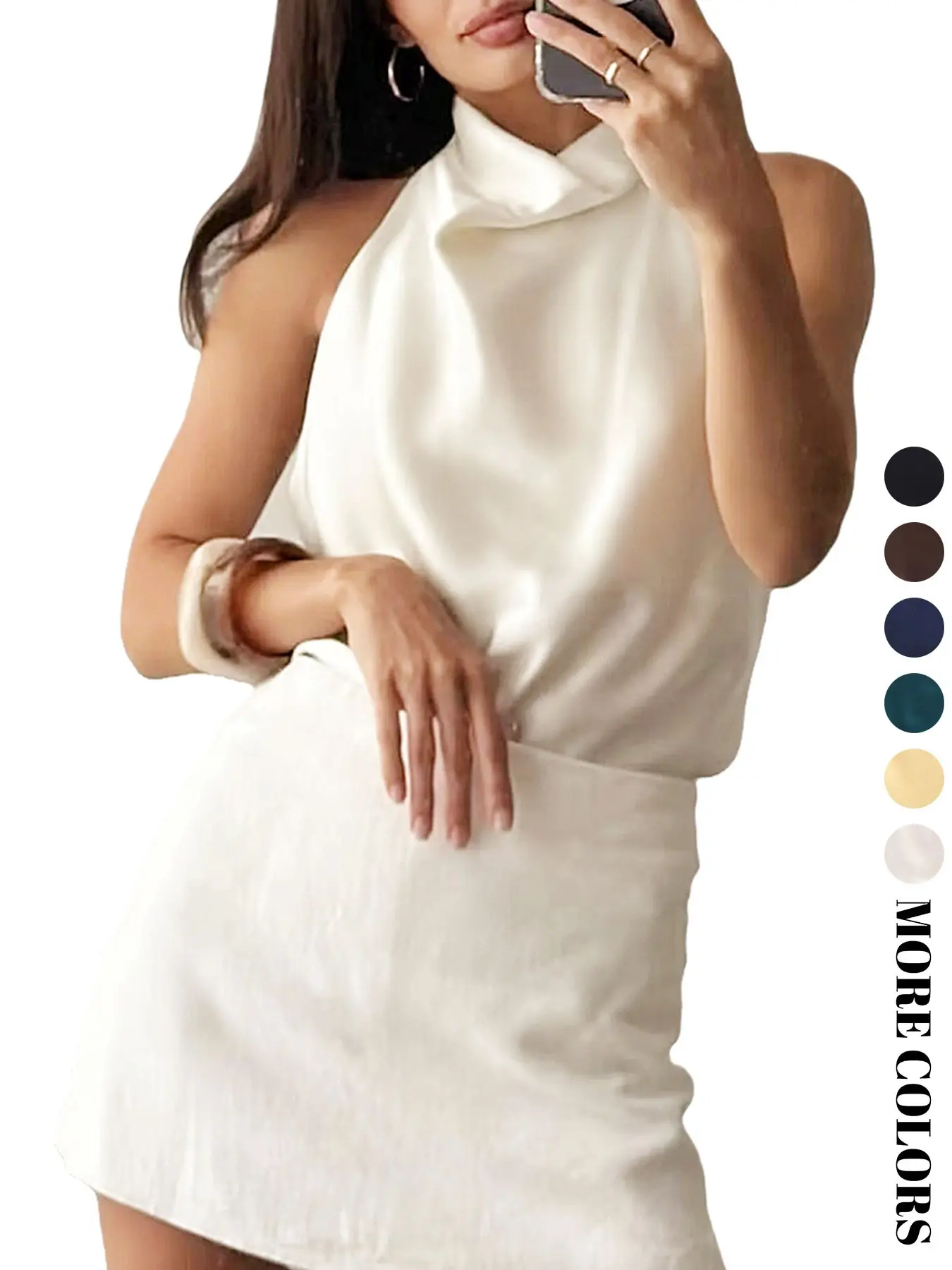 Women's Summer French Luxury Satin Halter Top, Backless Tie Design, Smooth Flowing Slim Fit, Office Date Daily Wear Women's Blouse