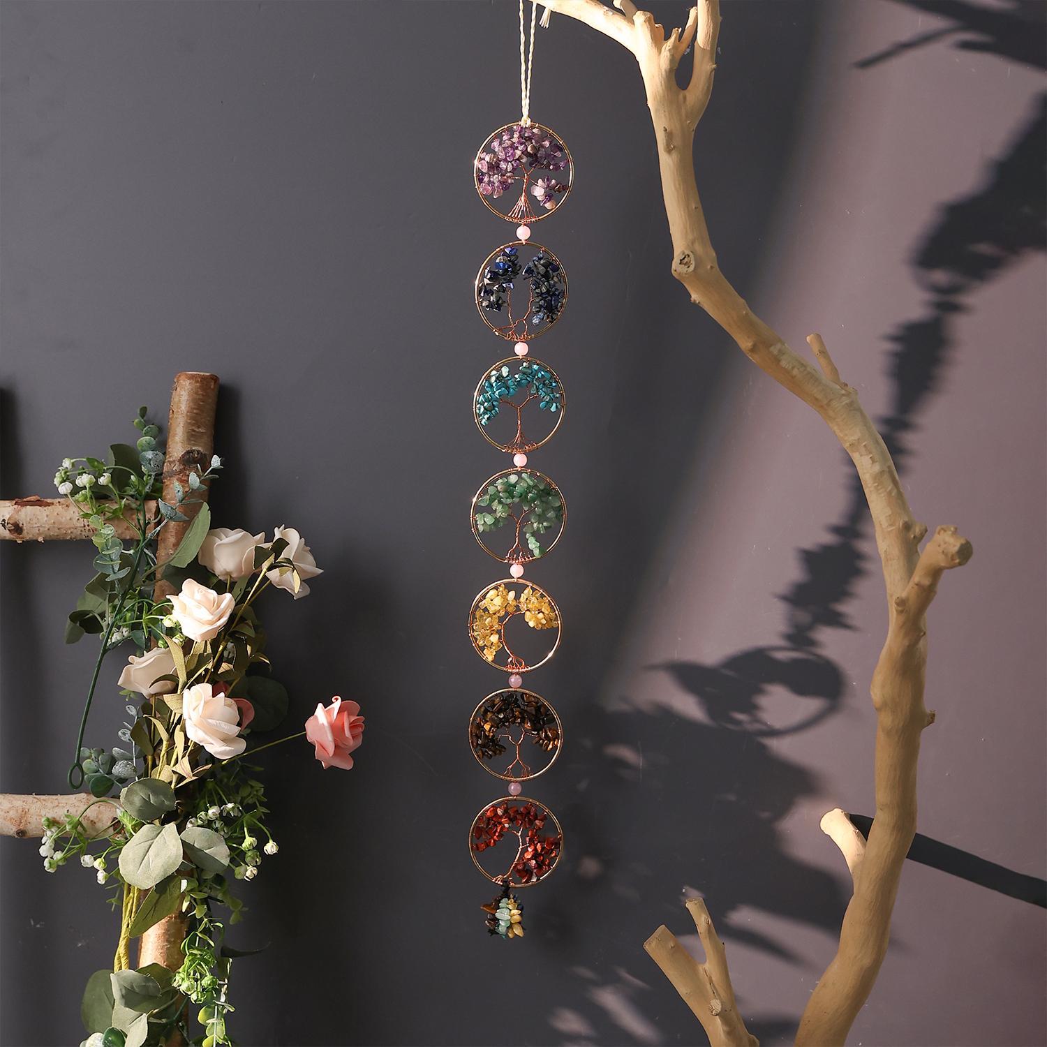 Seven Chakra Dream Catcher, Handmade Tree of Life Design Boho Interior Indoor Outdoor Hanging Decoration, Decorative Wall Art, Unique Artwork, Festive Ornament, Holiday Decor, Tree of Life Motif, Birthday Gift for Boys Girls