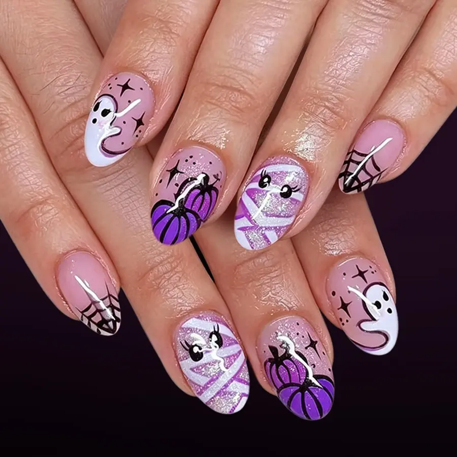 24pcs Short Oval Nails, Pumpkin Glitter Spider Web Mummy Ghost Press-On Nails, Reusable Halloween Nail Art for Women and Girls