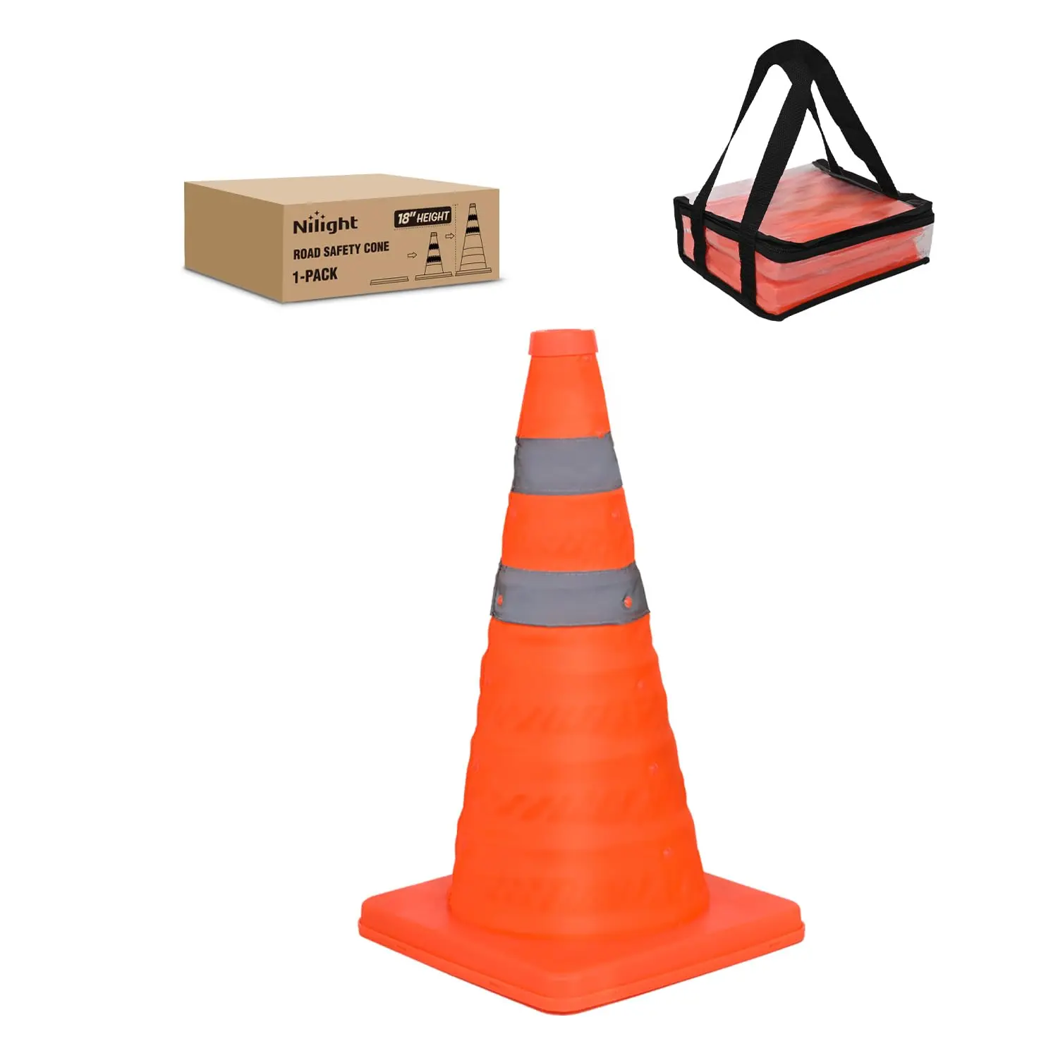 Nilight 18" Height PVC Collapsible Traffic Safety Cone - Bright Orange Oxford Parking Cone with Reflective Collar, Durable Build, Easy Setup, Easy Cleaning, Pull-Up Design, RV Camping Visibility Aid (Motorhome Accessory)
