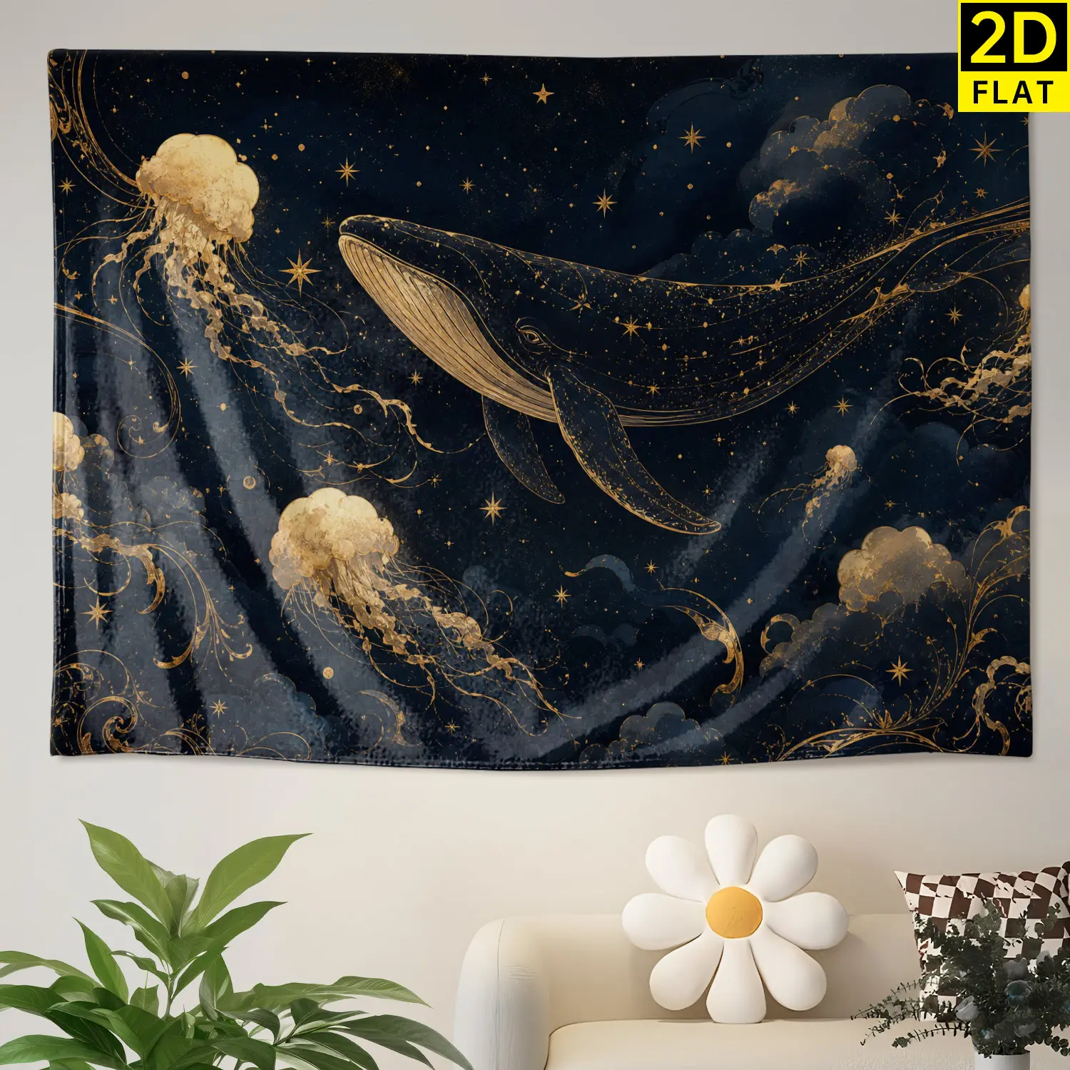 Large Horizontal Golden Whale Jellyfish Celestial Night Sky Polyester Wall Tapestry - Hippie Colorfast Machine Wash Home Decor, No-Installation Indoor-Outdoor Holiday Gift for Family