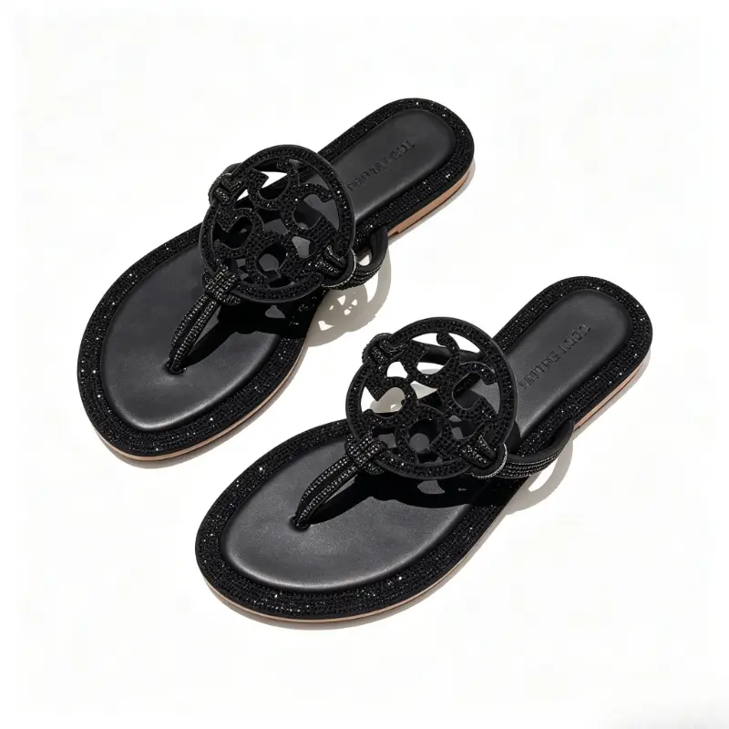 Women Rhinestone Hollow Circular Decor Thong Sandals, Sparkly Flat Flip Flops, Comfort Slip On Open Toe Casual Summer Slide Sandals