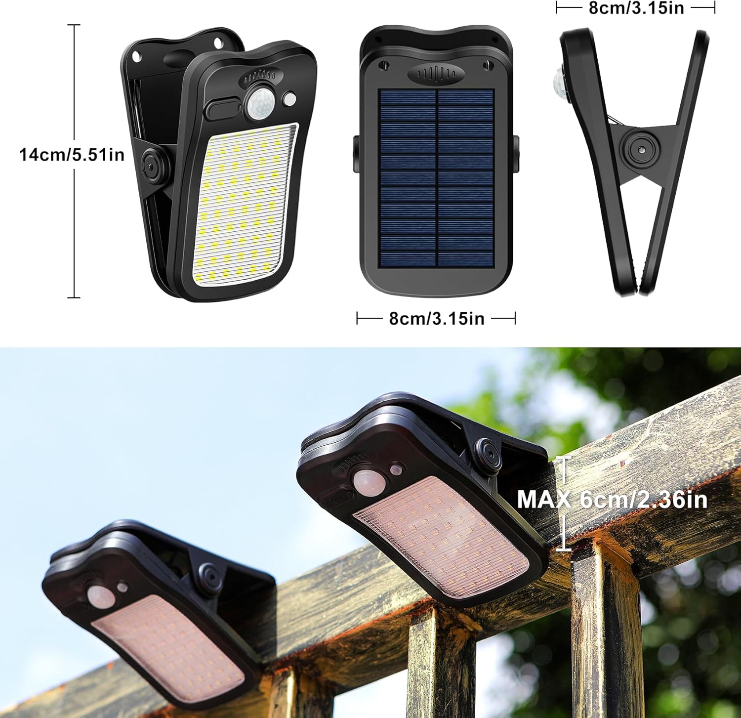 Ultra-Bright Solar Light,Compact Portable Clip-On Motion Sensor, Multi-Function Outdoor LED Safety Lighting, Pathway Security Lights, Suitable for Courtyard, Garden, Balcony, Patio, Fence, Deck, Wall, Garage, Workshop Repair