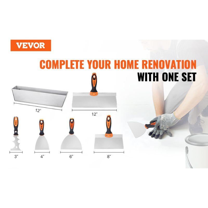 VEVOR Drywall Knife Set, 6 PCS Drywall Tools Includes 3 Painter Scraper, Two Putty Knives, Two Taping Knives and 12 Mud Pan, Stainless Steel Spackle Tool, Drywall Finishing Tools for Home