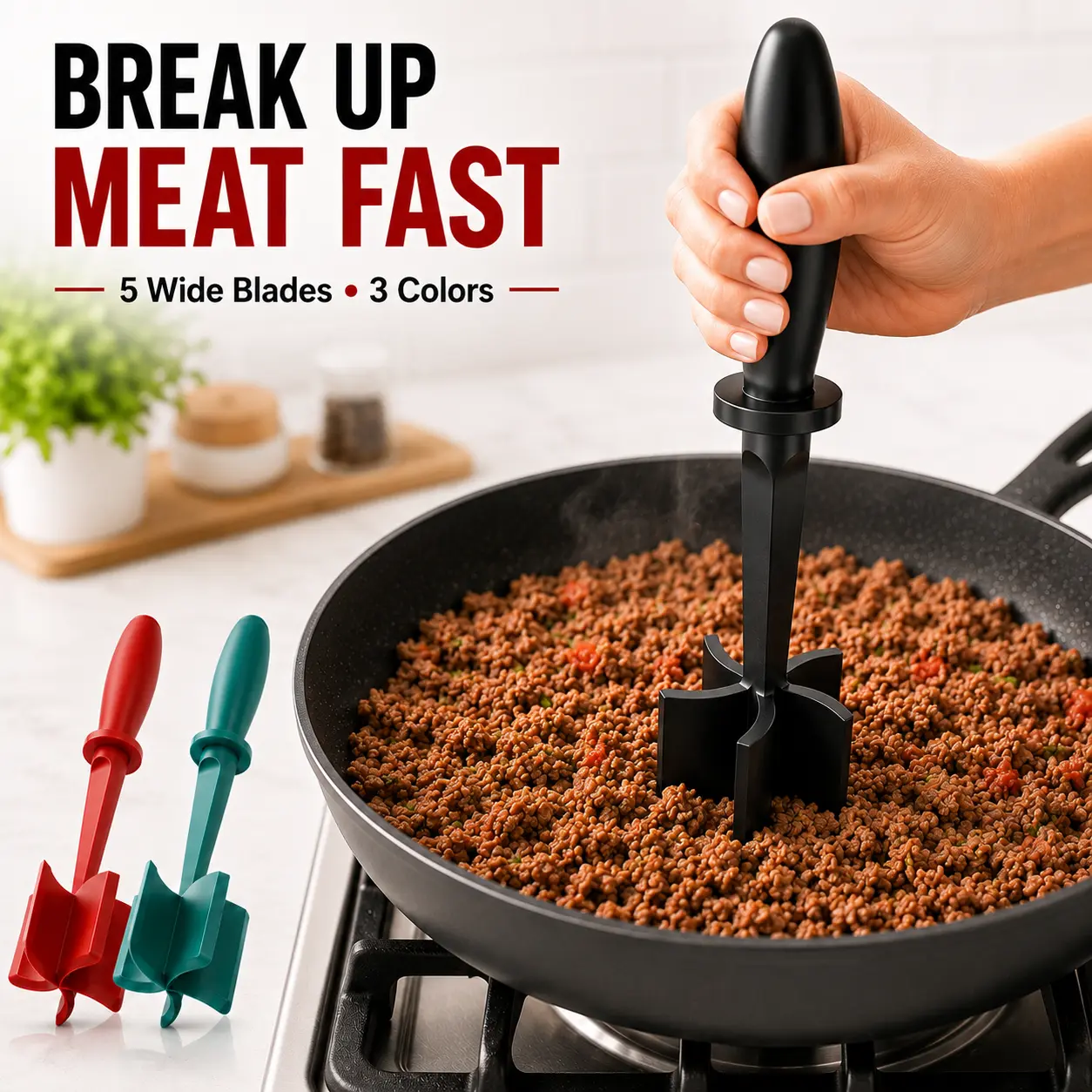 MIUVA 5-Blade Meat Chopper & Masher, Heat-Resistant Ground Beef Smasher for Hamburger, Turkey, Potatoes, Avocado & Everyday Cooking