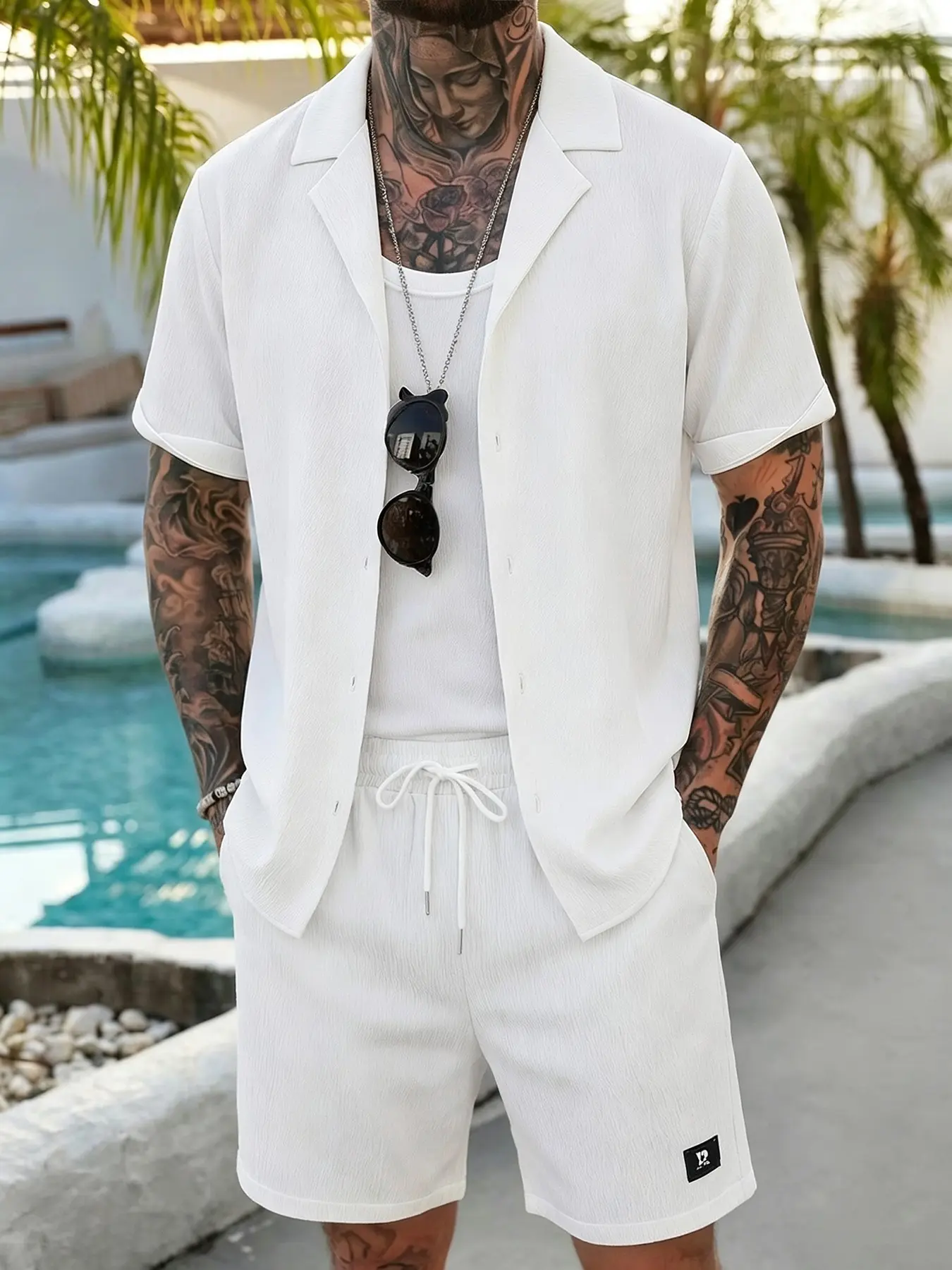 Summer Men 2 Piece Matching Tracksuit, Solid White Waffle Textured Notch Collar Button Down Short Sleeve Shirt + Elastic Waist White Drawstring Casual Shorts, Breathable Lightweight Woven Outfit For City Holiday Daily Street Style Home Wear
