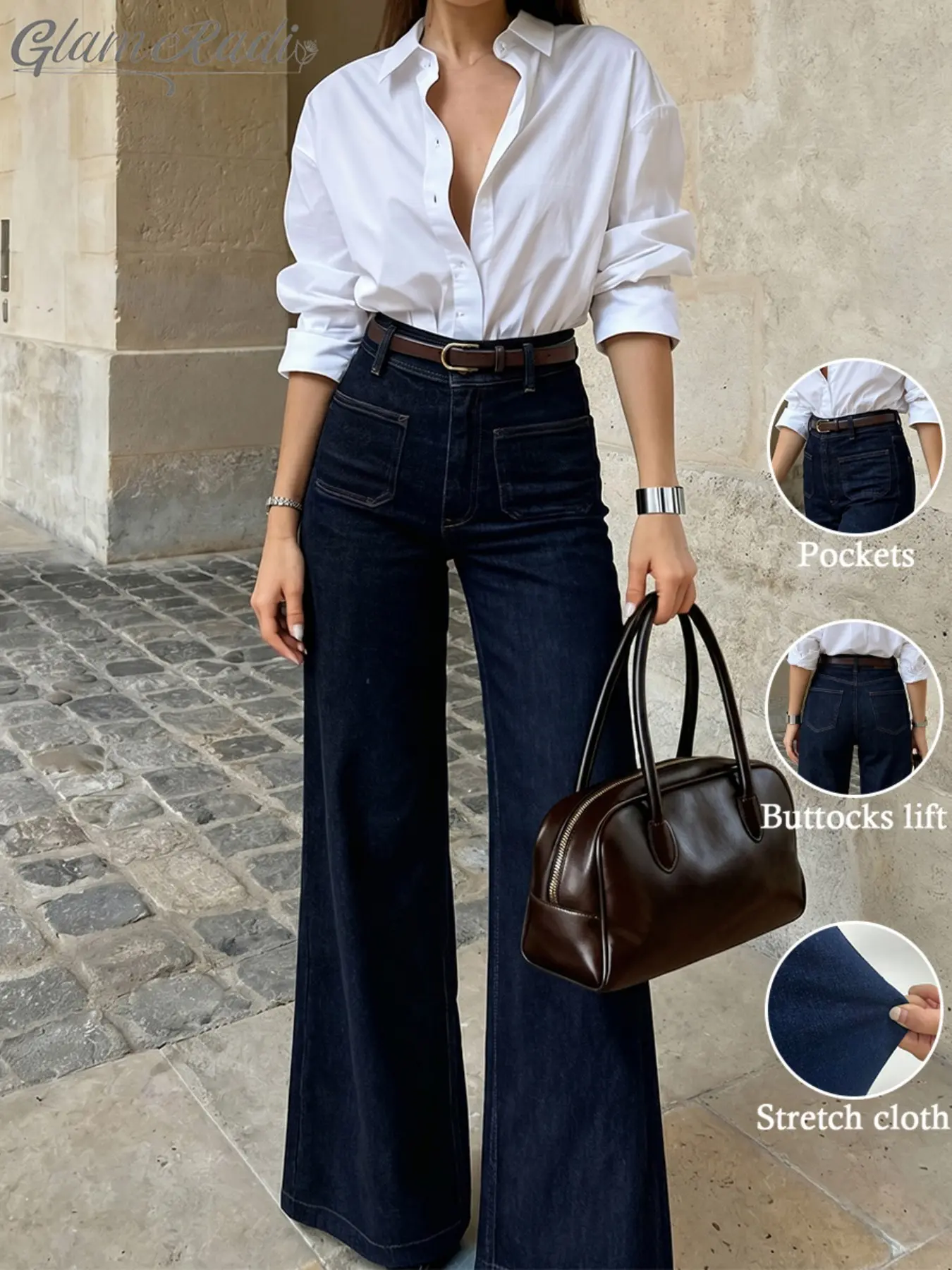Women's High Waist Wide Leg Jeans, Solid Color, Five Pockets Design, Elegant Style, All Seasons, Streetwear, Office Wear, Long Pants