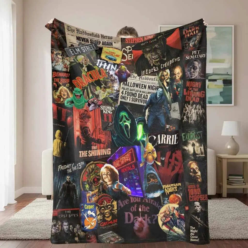 Classic Horror Movie Poster Print Flannel Throw Blanket, Vintage Cult Cinema Ultra Soft Plush Breathable Anti-Pilling, Matches cooling blankets pillows couch cover for sofa bedding set comforter set, Indoor Outdoor Throw For Movie Night & Halloween Gift