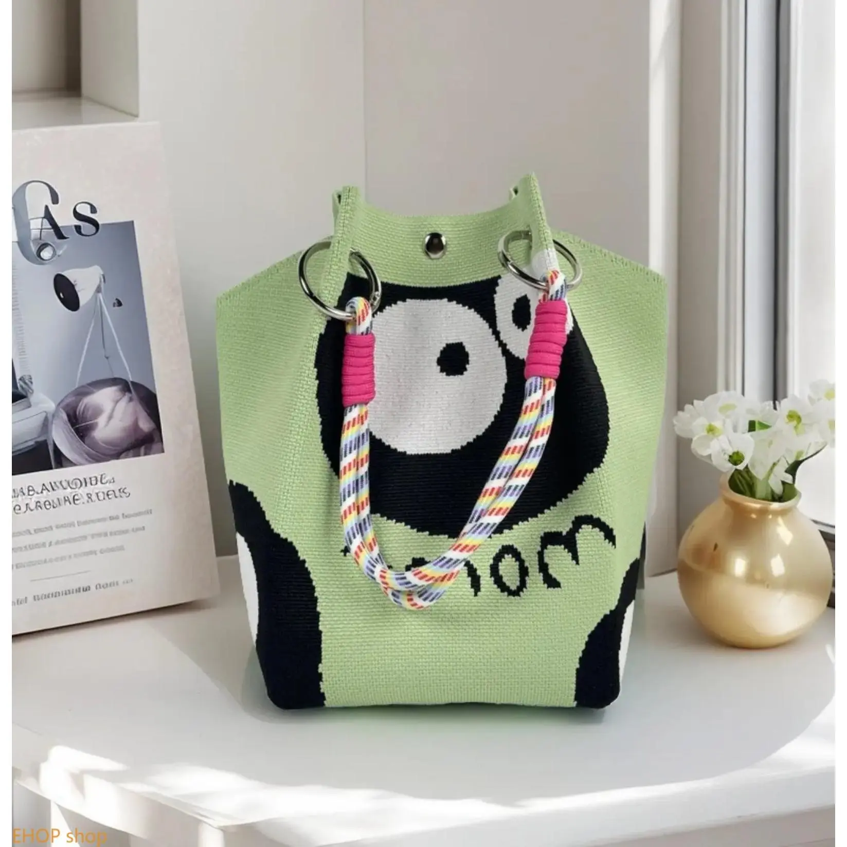Women’s Knit Tote Bag Aesthetic Kawaii Butterfly Print Shoulder Bag Lightweight Reusable Carryall for Daily Commuting Shopping Travel Beach and Camping Essentials Cute Fashion Tote for Women Girls