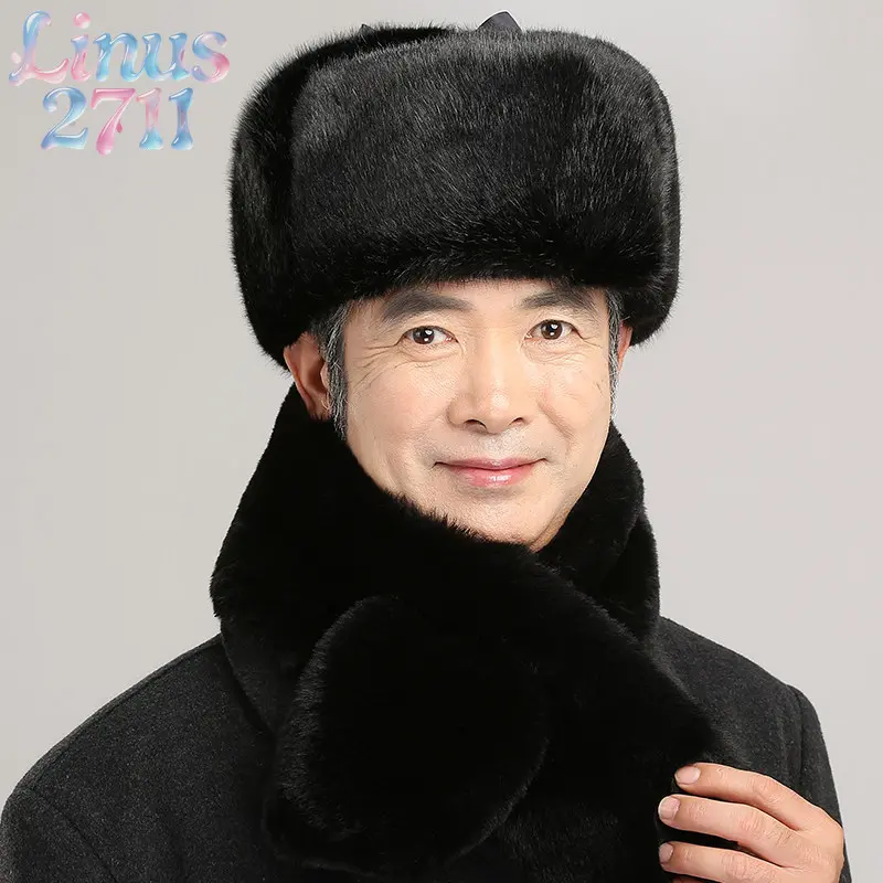 Men Faux Mink Fur Trapper Hat With Matching Scarf Thick Thermal Ear Flap Ushanka Cap Windproof Cold Weather Warm Headwear For Elderly Grandpa Dad Daily Outdoor Gift