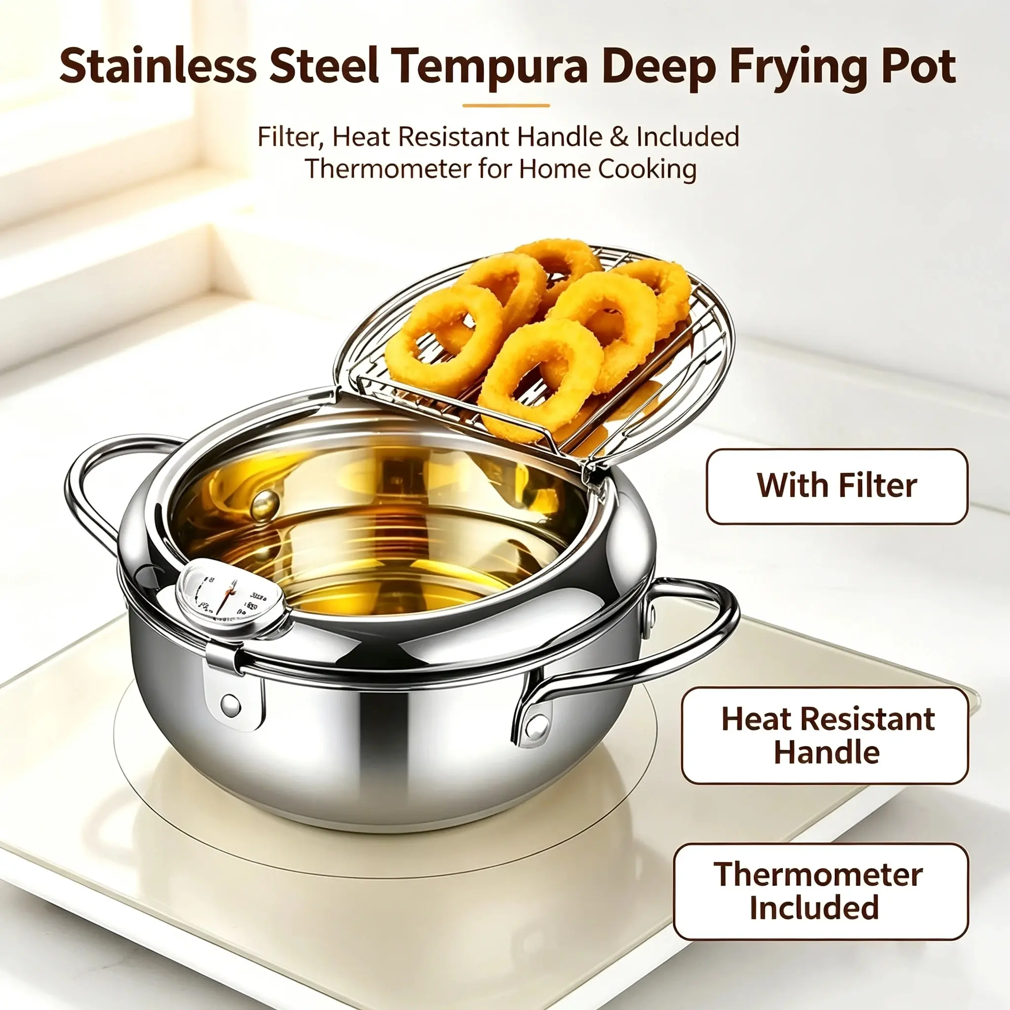 Stainless Steel Deep Frying Pot with Filter & Handle, Included Thermometer for Temperature Monitoring, Modern Tempura Cooking Pot for Home Kitchen