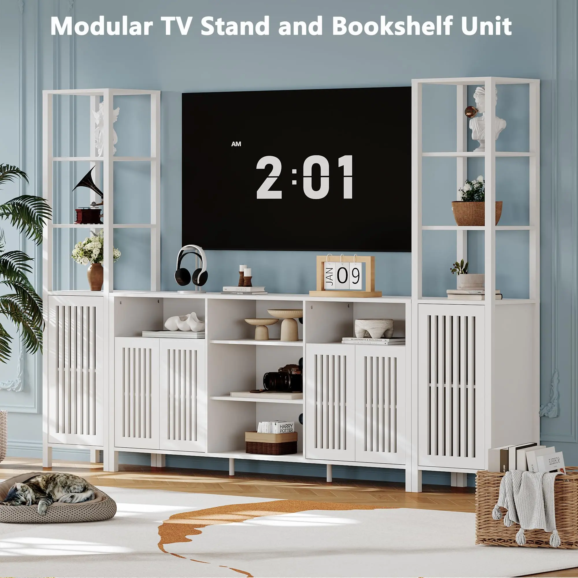 3 Piece Large TV Stand with Bookshelves for TVs Up to 70",  Modern Entertainment Center with Storage Cabinet – Multi-Functional Wooden Media Console for Living Room or Bedroom