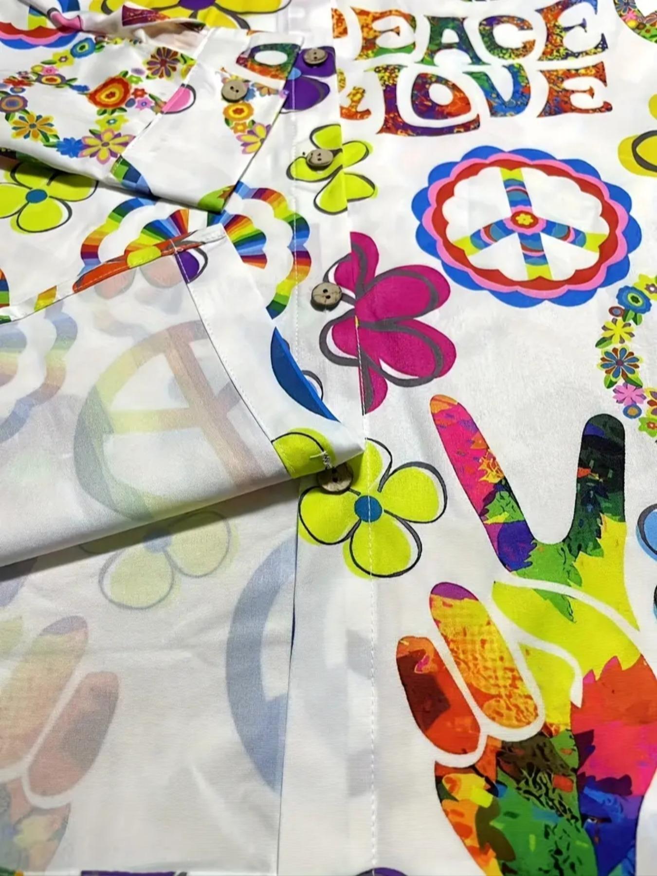 Women's Bohemian Style Printed Long Sleeve Shirt, Vibrant Peace Love Design, Casual Button Up for All Seasons