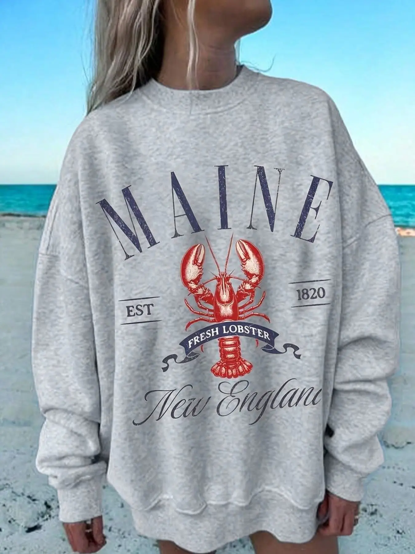 Women's Maine Lobster Print Sweatshirt, Round Neck Long Sleeve Pullover, Comfortable Fall Winter Casual Daily Wear Top