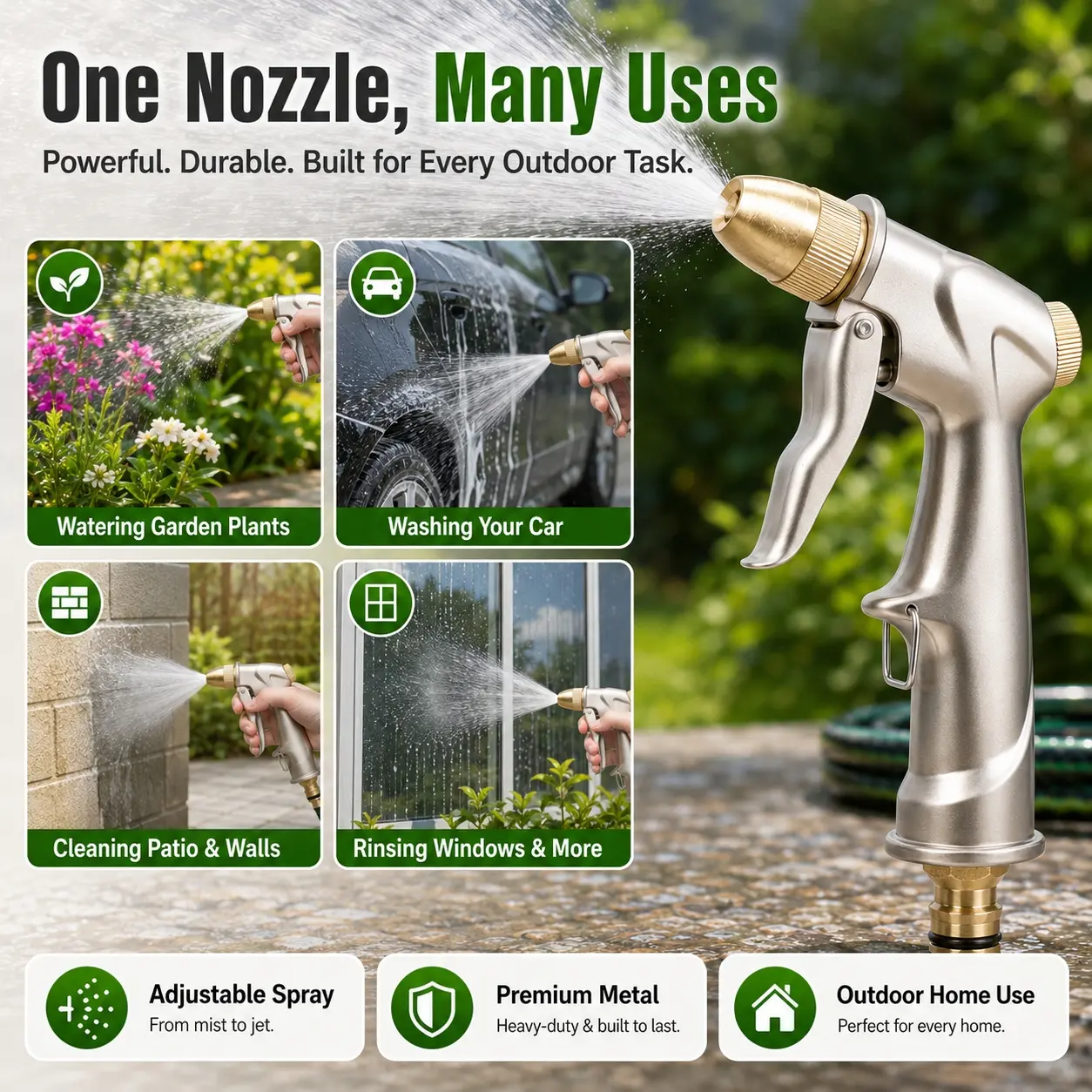 Heavy Duty Garden Hose Nozzle, Premium Metal Water Spray Gun with Adjustable High Pressure Spray Patterns, Leak Proof Rustproof Handheld Sprayer Tool for Lawn Garden Watering, Car Washing, Pet Bathing, Window Cleaning and Outdoor Home Use