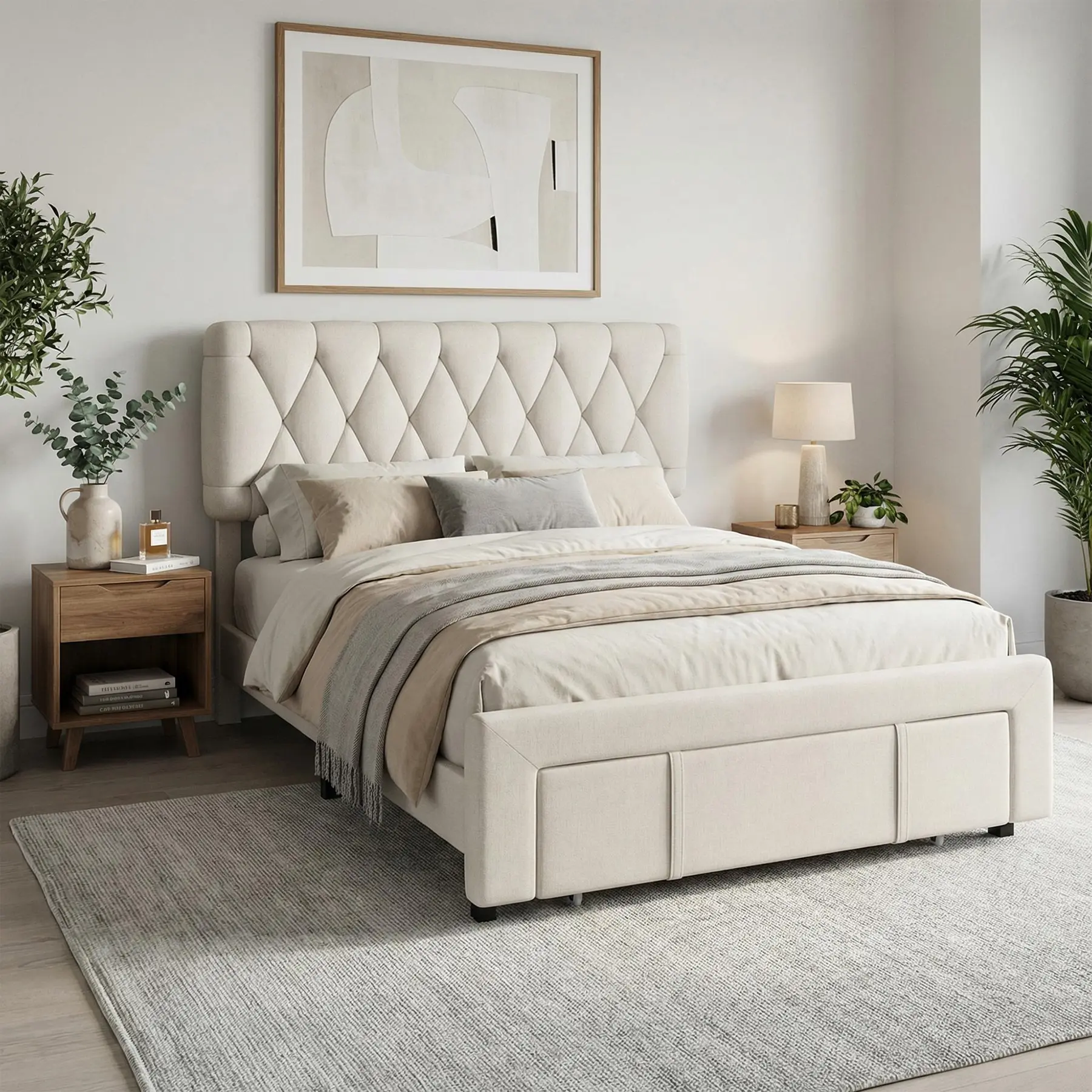 Garvee Upholstered Platform Bed Frame with Storage Drawers - Solid Wood Slat Mattress Foundation, No Box Spring Needed, Easy Assembly - Beige, King/Twin